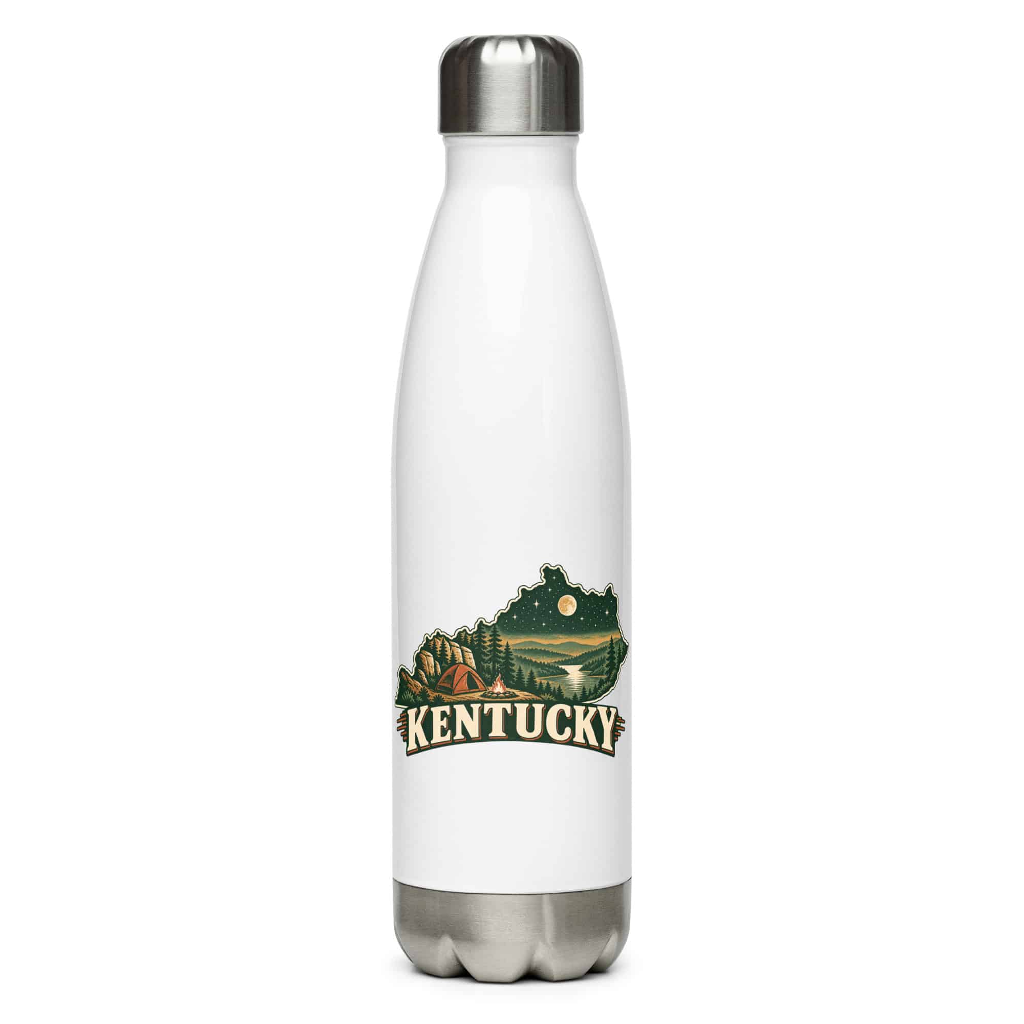 Kentucky Stainless Steel Water Bottle: Campsite beneath a starry sky, Vintage Kentucky Silhouette
