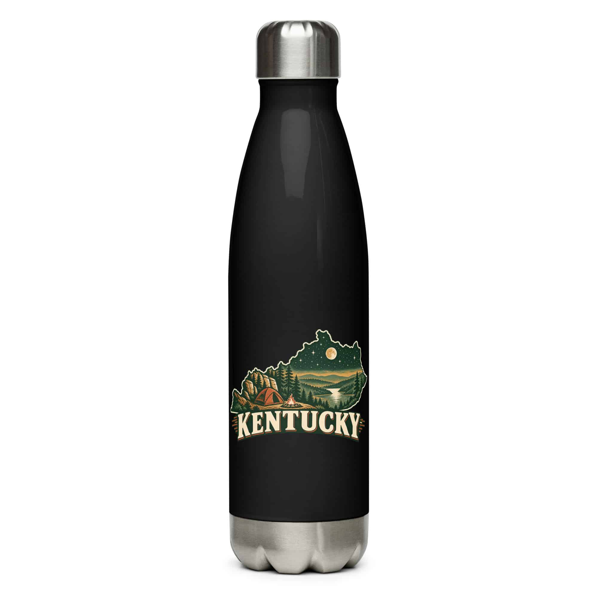 Kentucky Stainless Steel Water Bottle: Campsite beneath a starry sky, Vintage Kentucky Silhouette