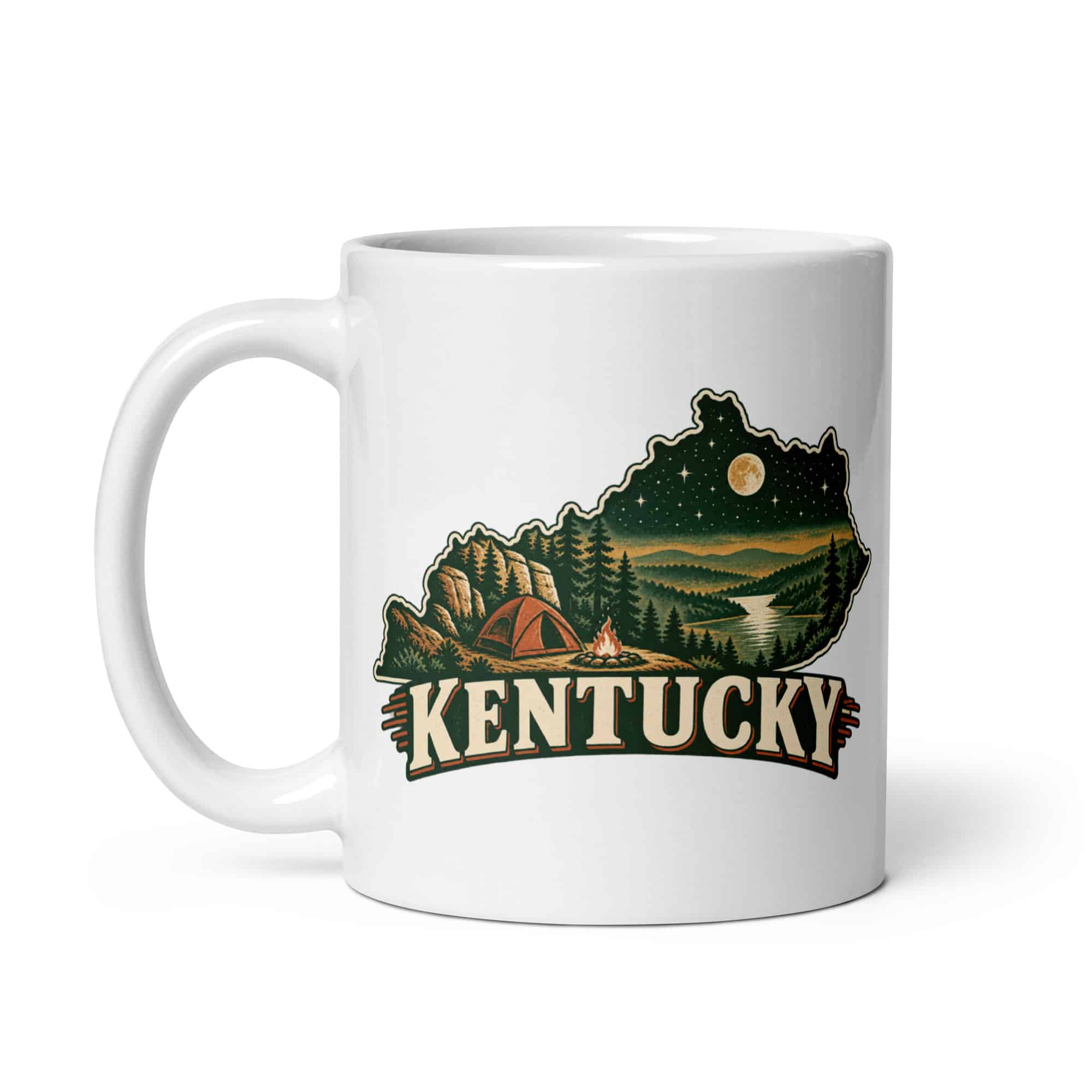Kentucky White Ceramic Coffee Mug: Campsite beneath a starry sky, Vintage Kentucky Silhouette