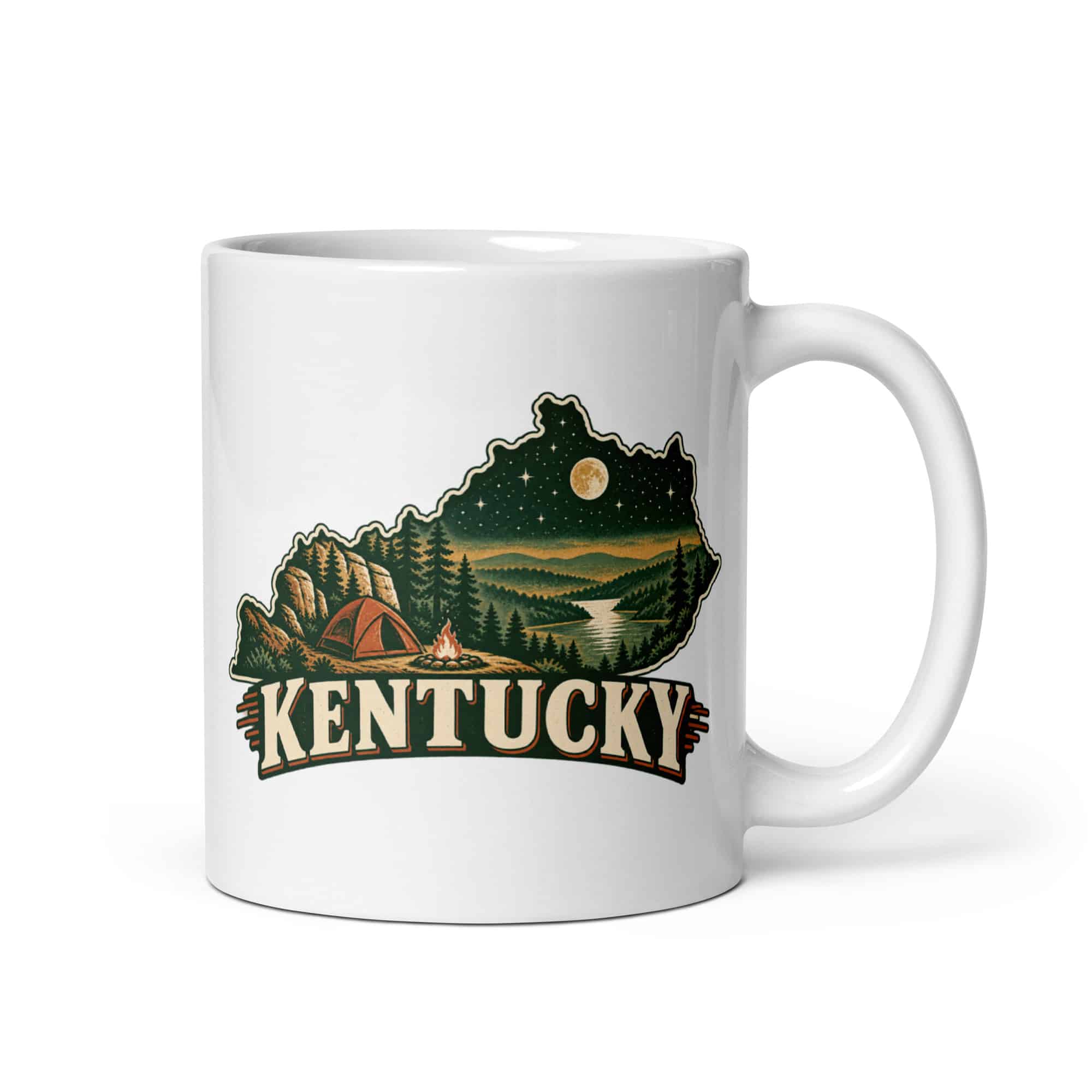 Kentucky White Ceramic Coffee Mug: Campsite beneath a starry sky, Vintage Kentucky Silhouette