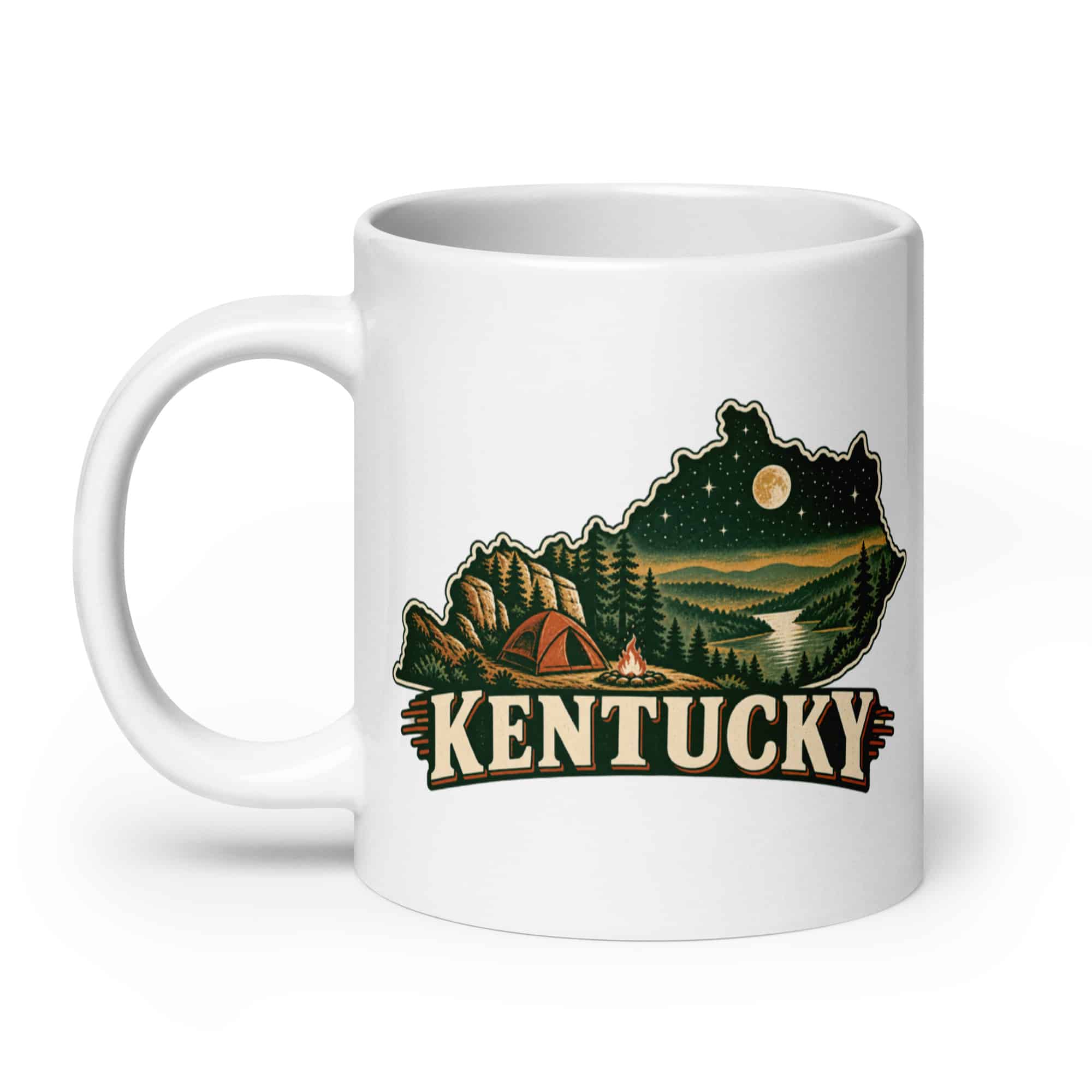 Kentucky White Ceramic Coffee Mug: Campsite beneath a starry sky, Vintage Kentucky Silhouette