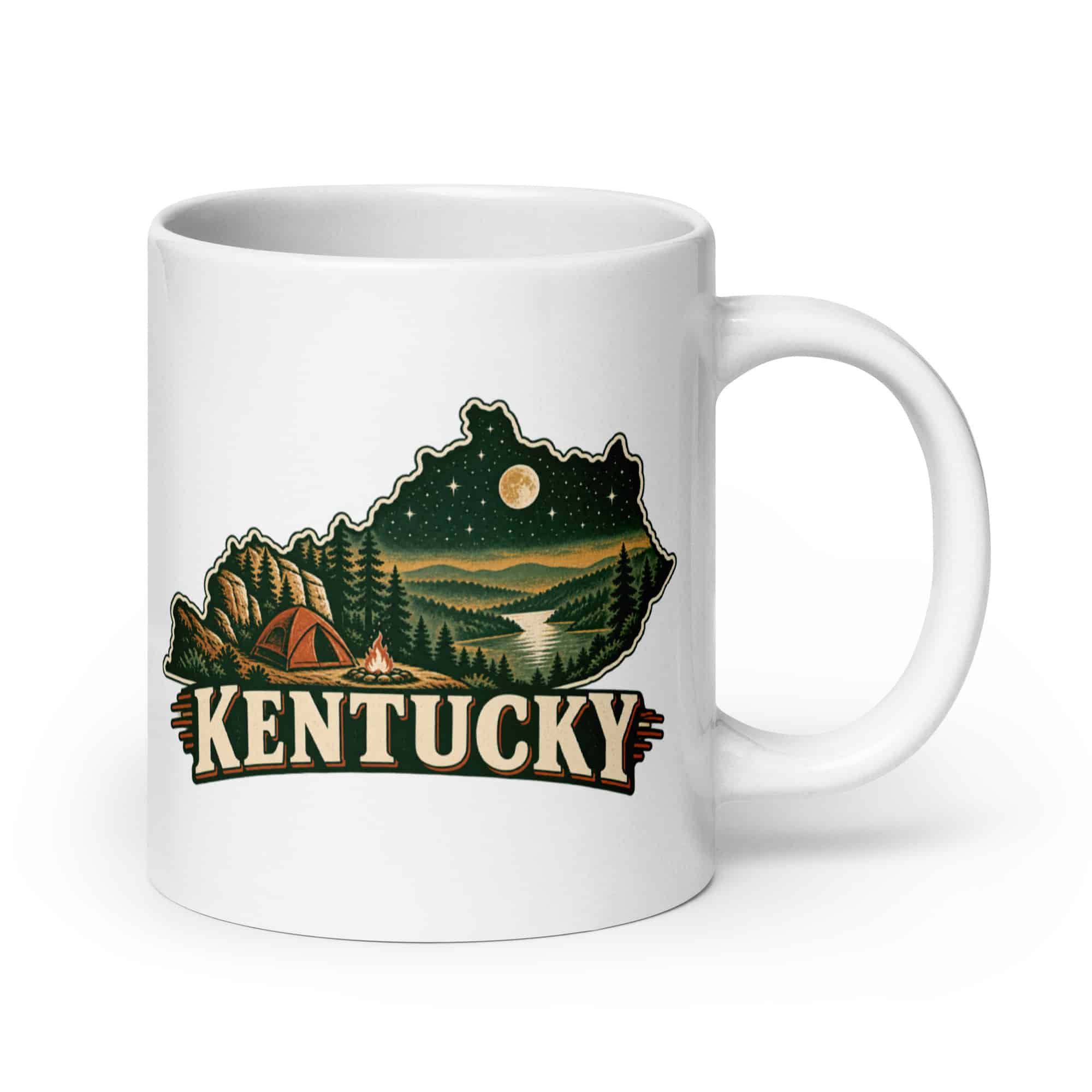 Kentucky White Ceramic Coffee Mug: Campsite beneath a starry sky, Vintage Kentucky Silhouette