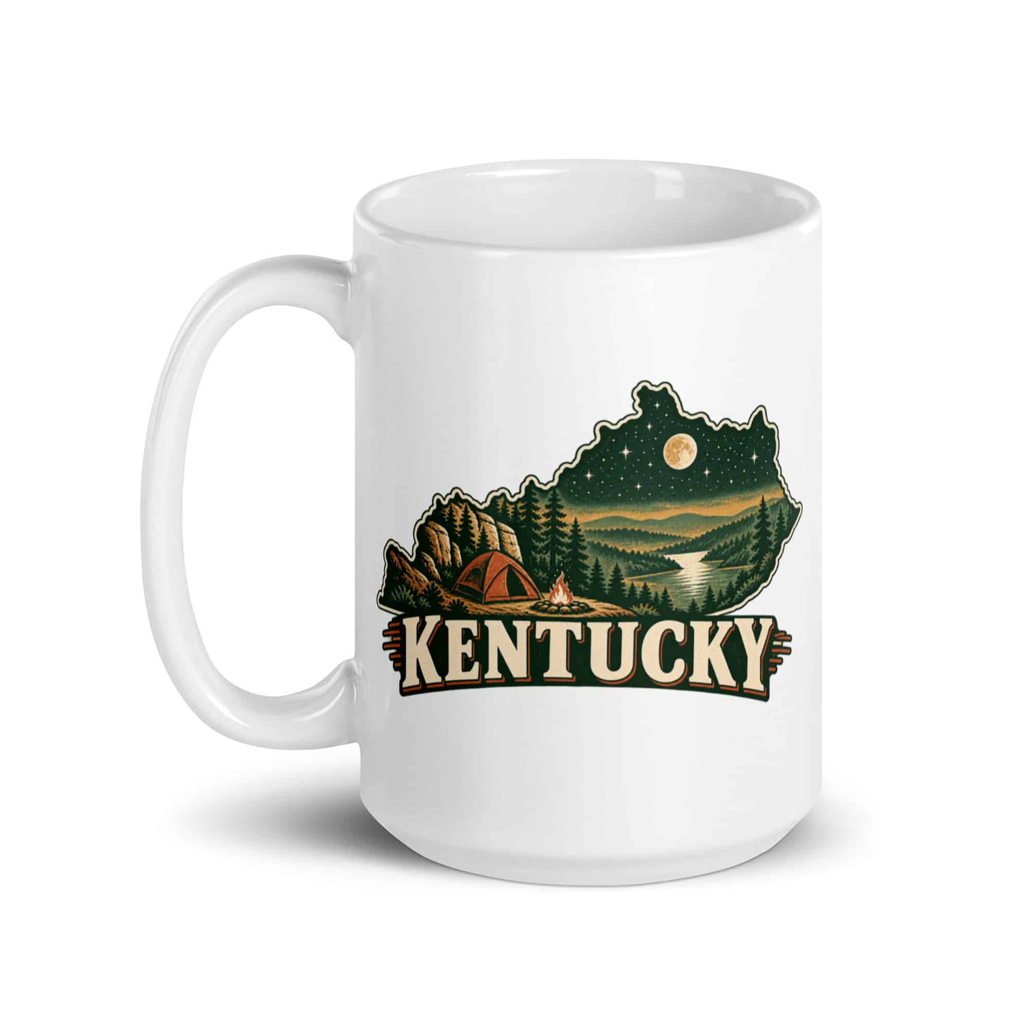 Kentucky White Ceramic Coffee Mug: Campsite beneath a starry sky, Vintage Kentucky Silhouette