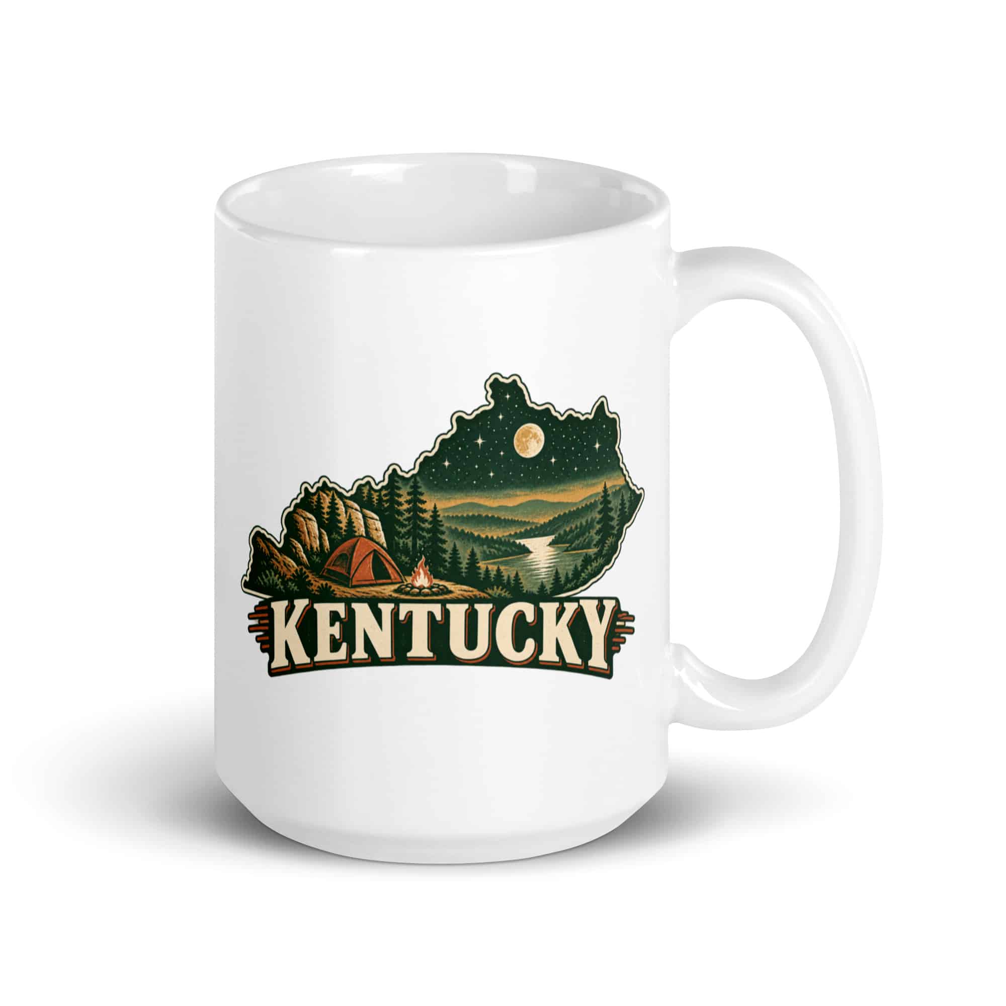 Kentucky White Ceramic Coffee Mug: Campsite beneath a starry sky, Vintage Kentucky Silhouette