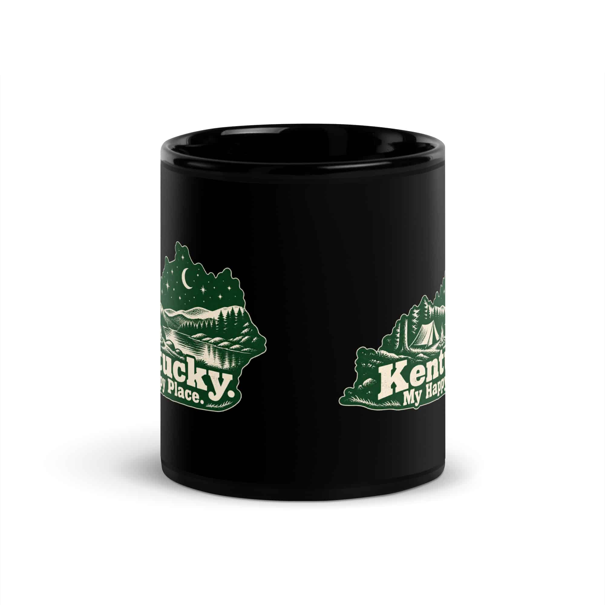 Kentucky Black Coffee Mug: Campsite beneath a starry sky, Woodcut Kentucky Silhouette