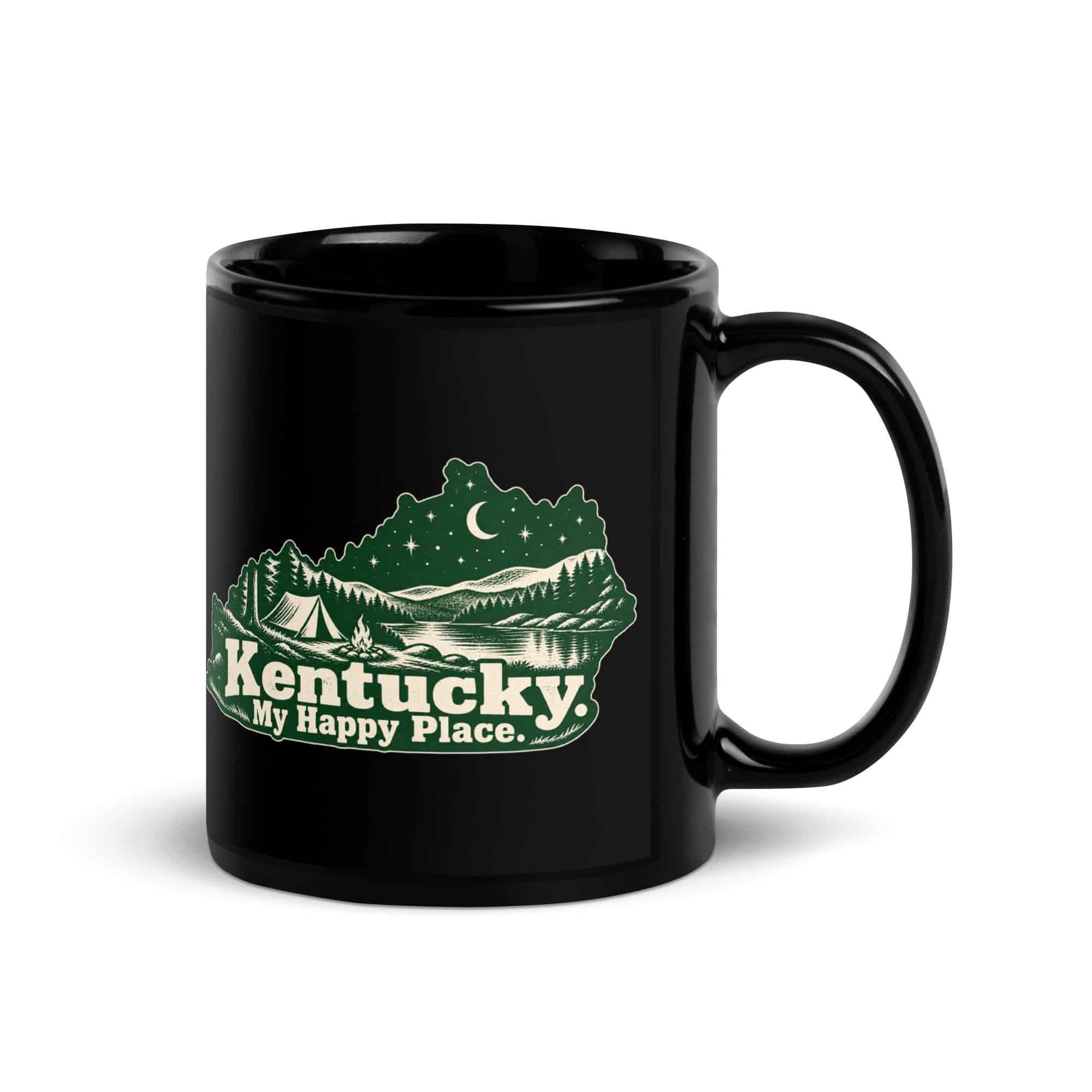 Kentucky Black Coffee Mug: Campsite beneath a starry sky, Woodcut Kentucky Silhouette