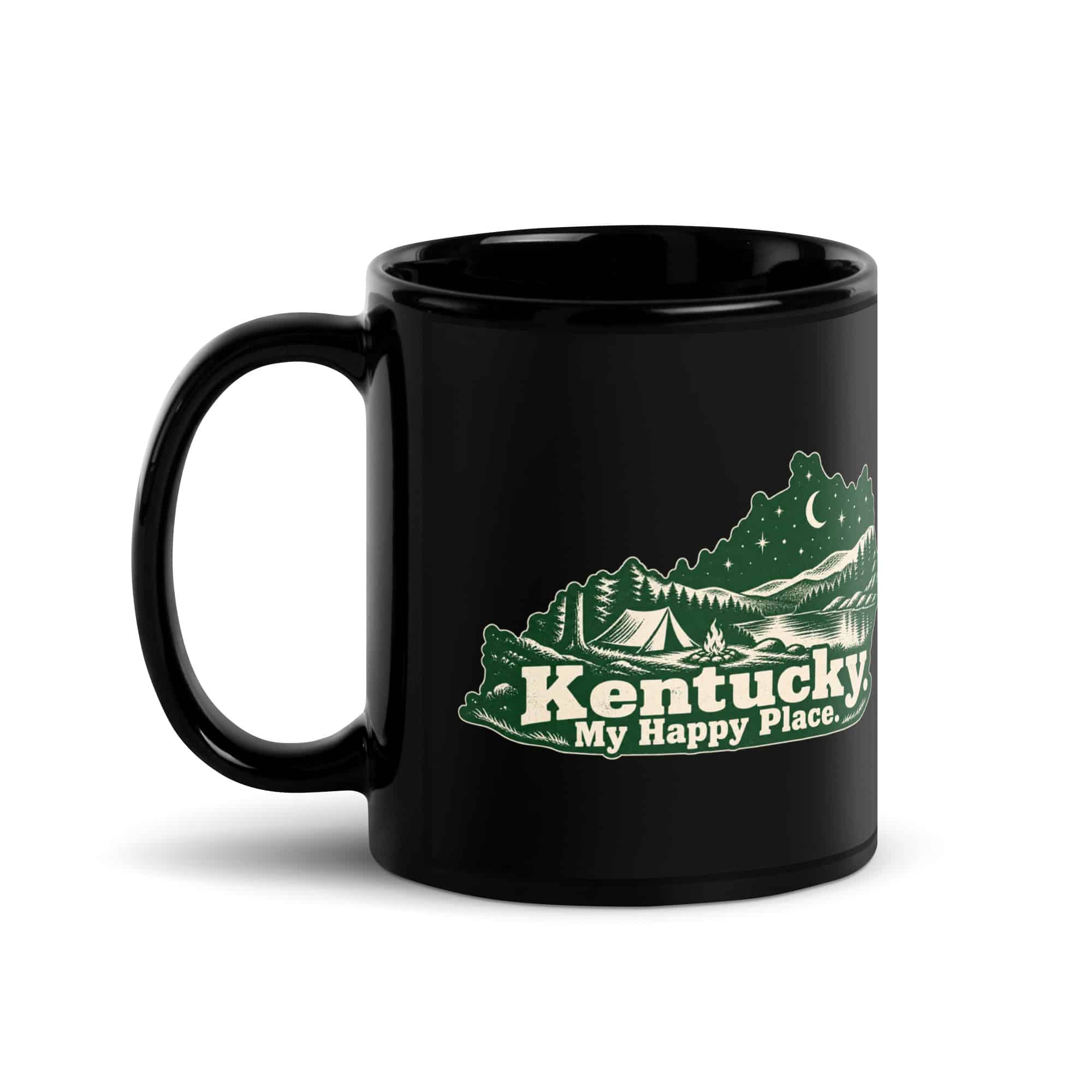Kentucky Black Coffee Mug: Campsite beneath a starry sky, Woodcut Kentucky Silhouette