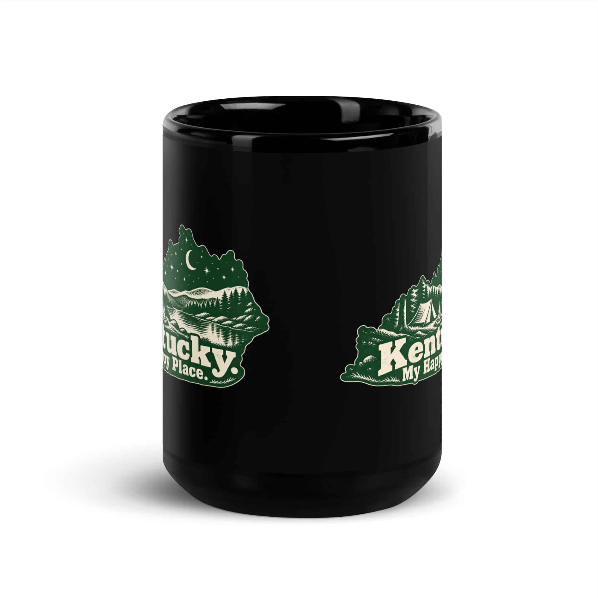 Kentucky Black Coffee Mug: Campsite beneath a starry sky, Woodcut Kentucky Silhouette