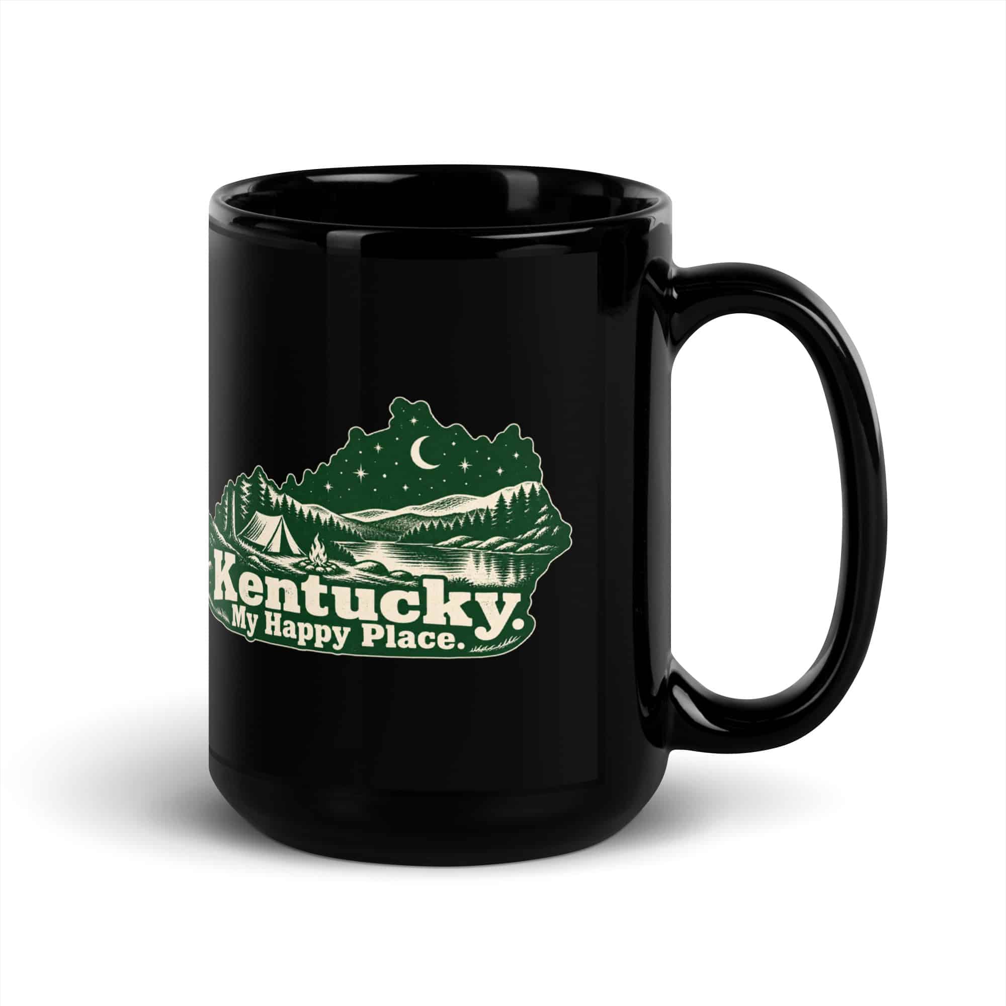 Kentucky Black Coffee Mug: Campsite beneath a starry sky, Woodcut Kentucky Silhouette