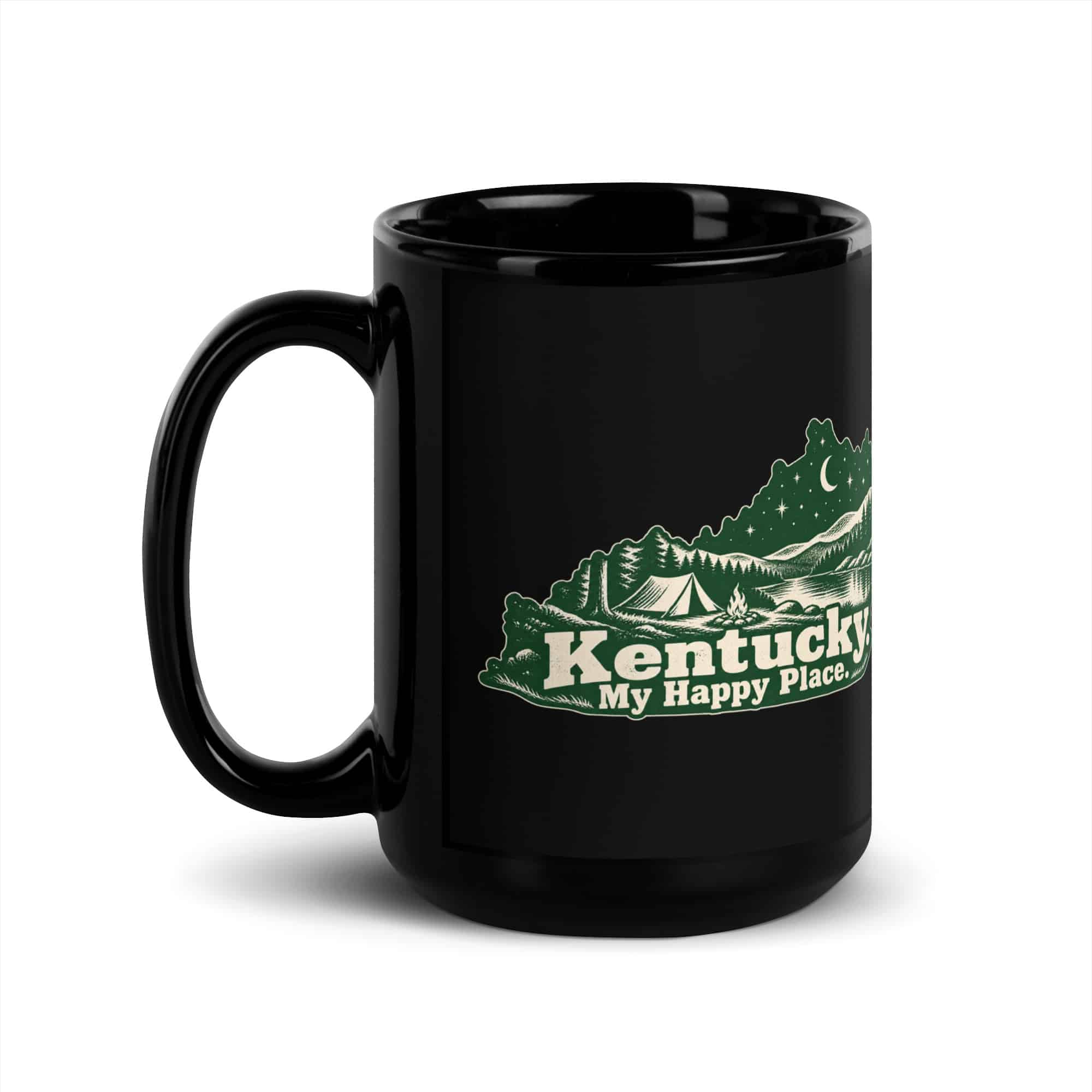 Kentucky Black Coffee Mug: Campsite beneath a starry sky, Woodcut Kentucky Silhouette