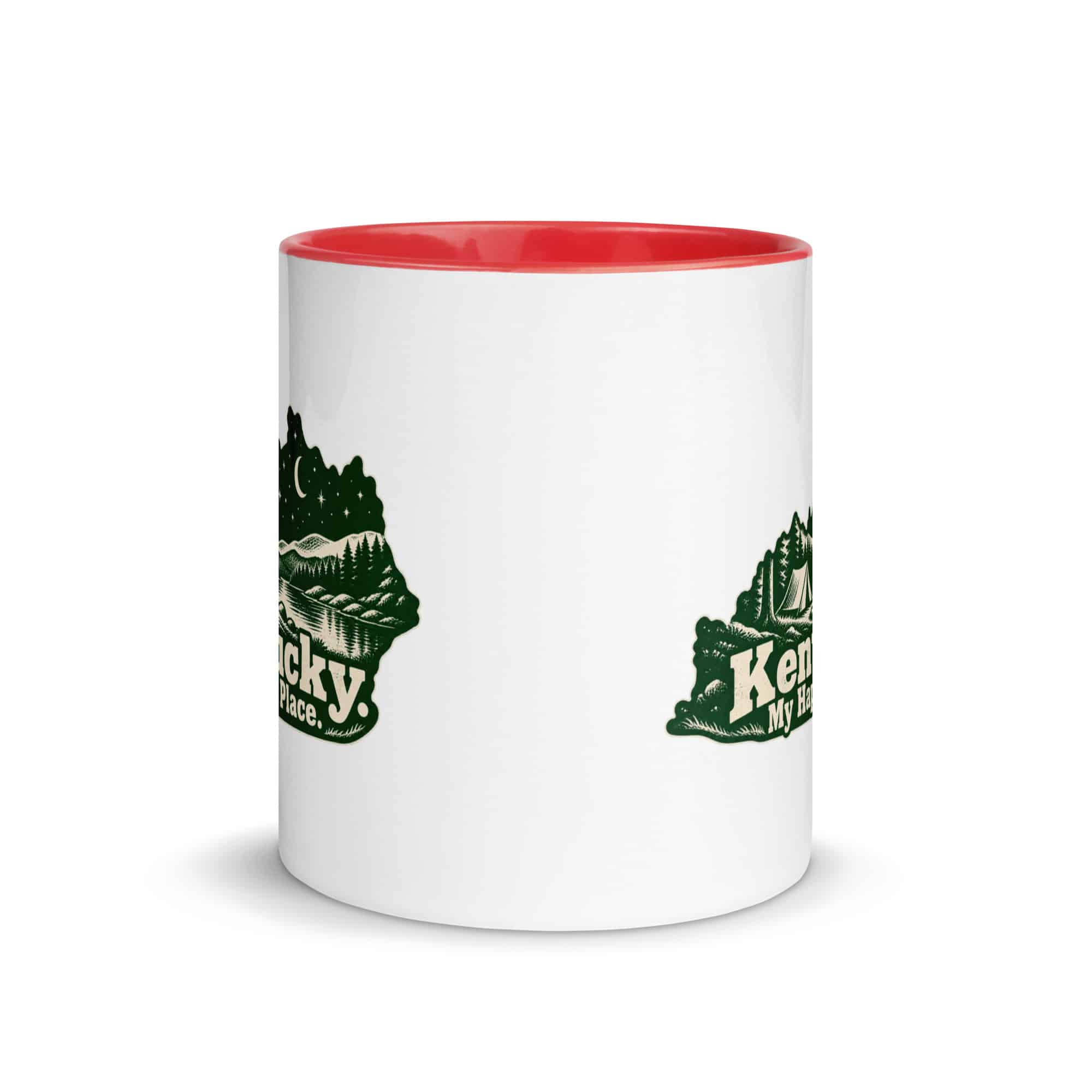 Kentucky Color Inside Coffee Mug: Campsite beneath a starry sky, Woodcut Kentucky Silhouette