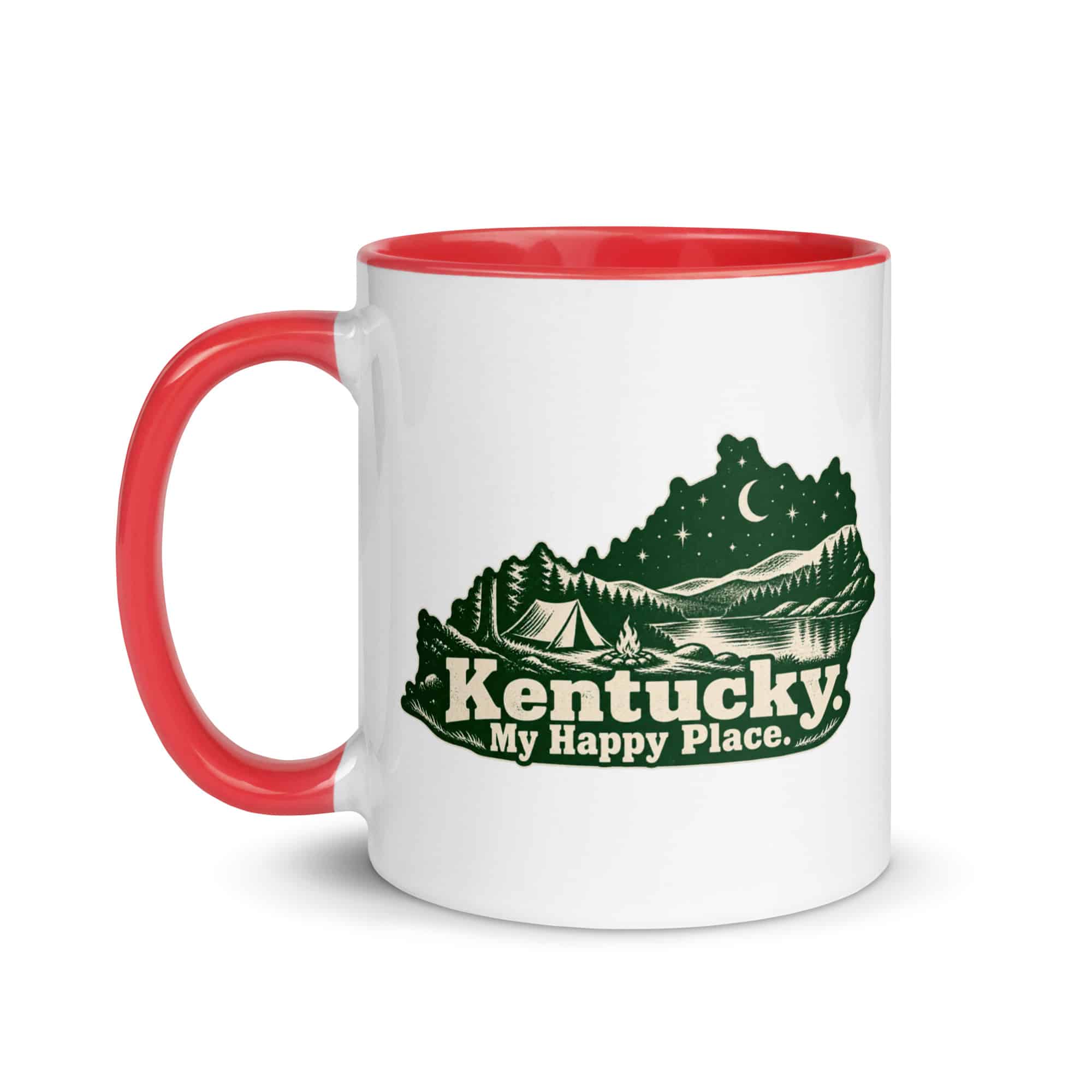 Kentucky Color Inside Coffee Mug: Campsite beneath a starry sky, Woodcut Kentucky Silhouette