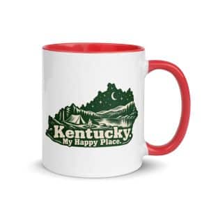 Kentucky Color Inside Coffee Mug: Campsite beneath a starry sky, Woodcut Kentucky Silhouette - 11 oz - Main