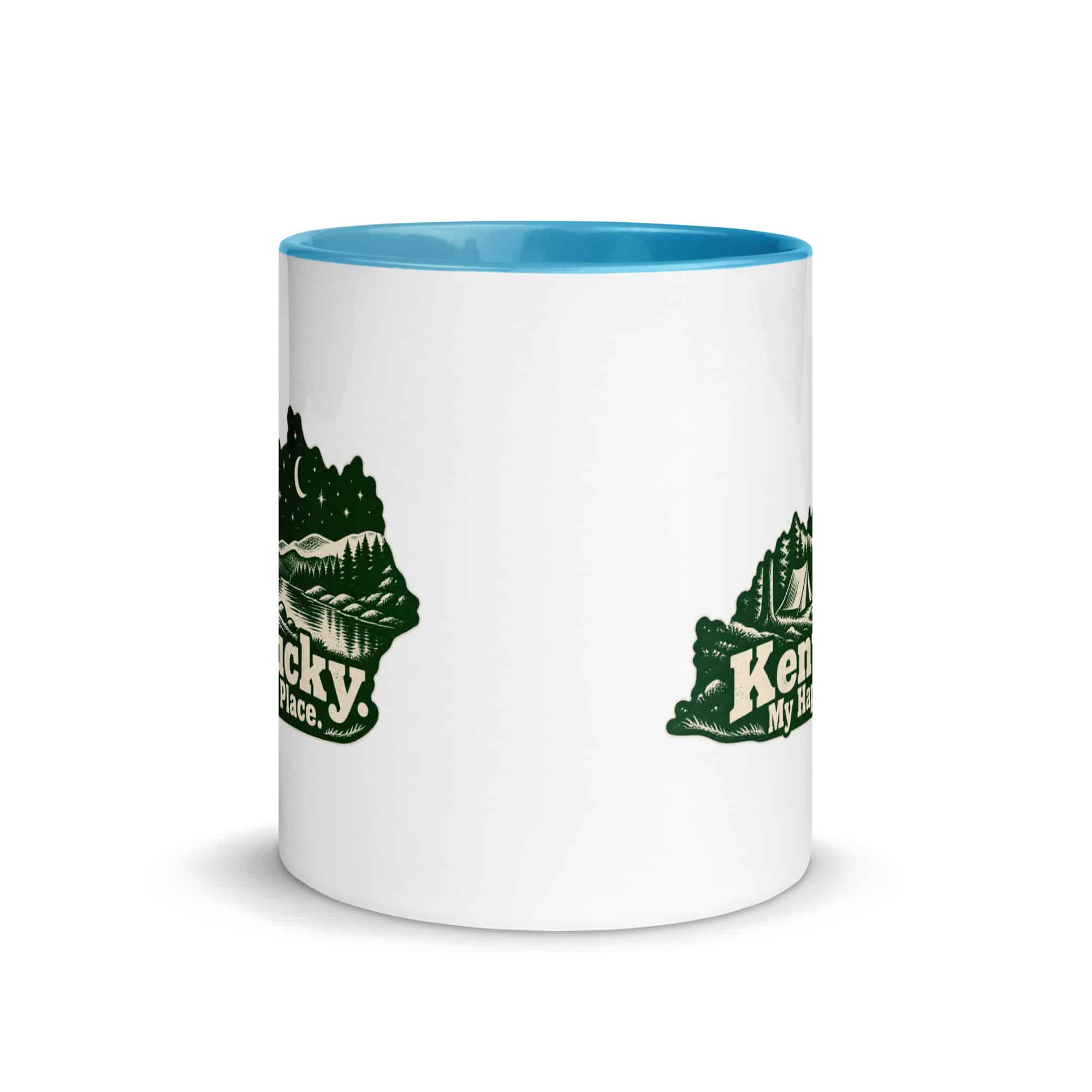 Kentucky Color Inside Coffee Mug: Campsite beneath a starry sky, Woodcut Kentucky Silhouette