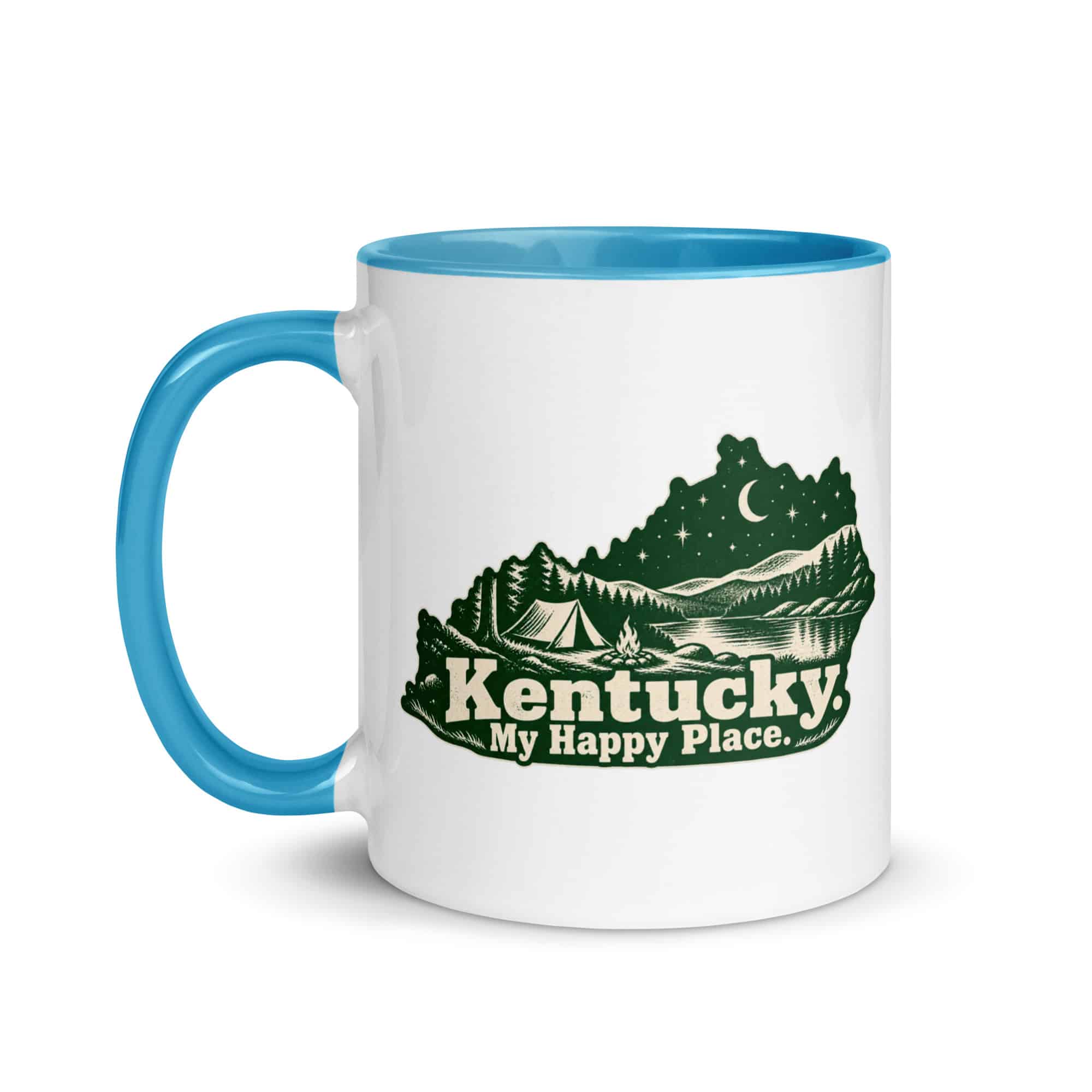 Kentucky Color Inside Coffee Mug: Campsite beneath a starry sky, Woodcut Kentucky Silhouette