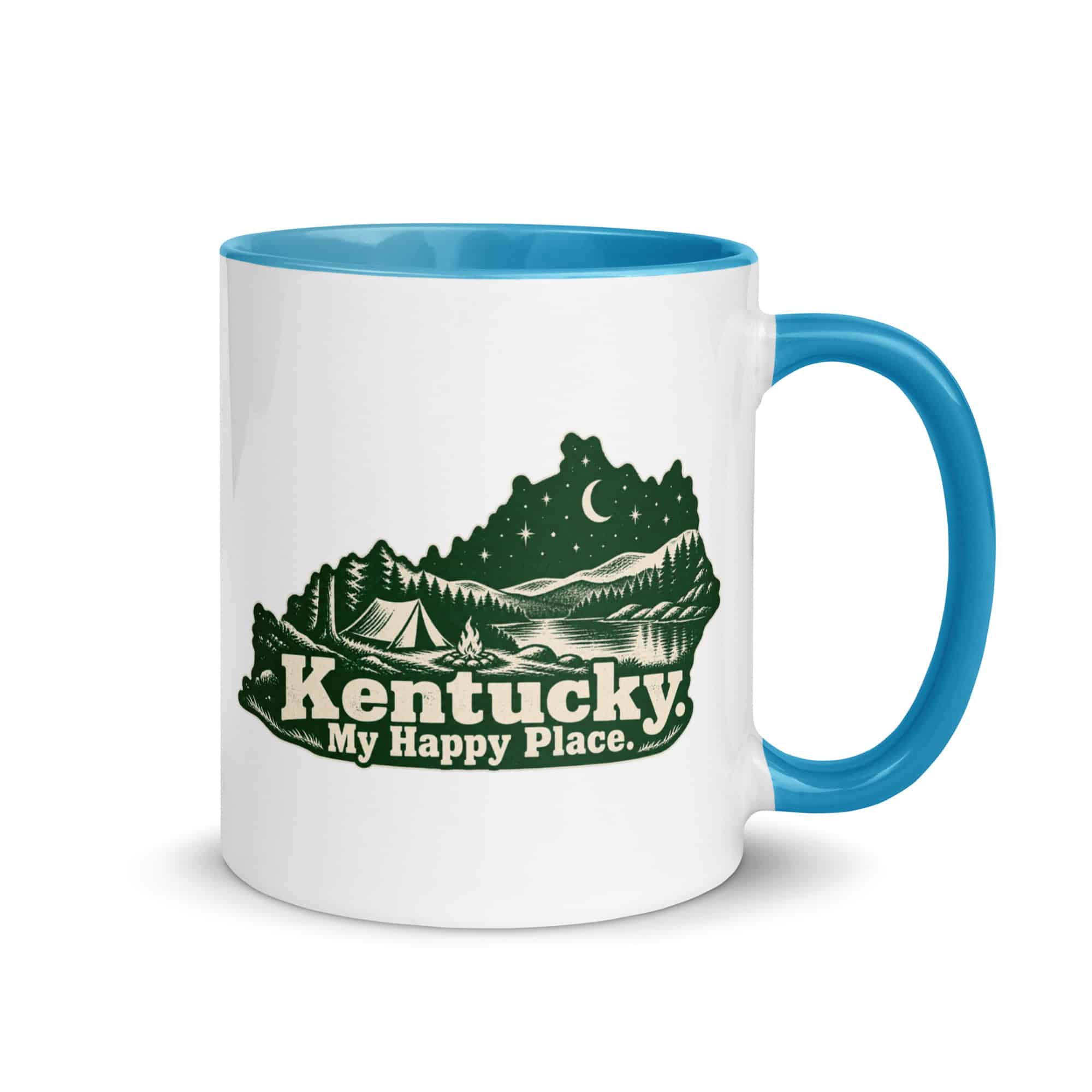 Kentucky Color Inside Coffee Mug: Campsite beneath a starry sky, Woodcut Kentucky Silhouette