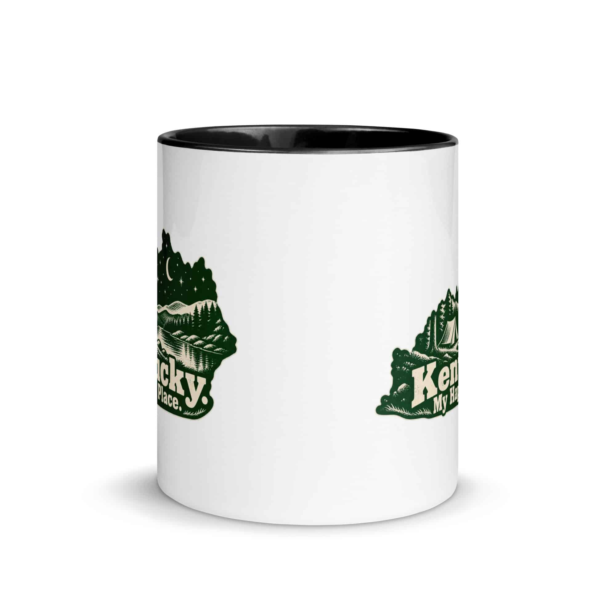 Kentucky Color Inside Coffee Mug: Campsite beneath a starry sky, Woodcut Kentucky Silhouette