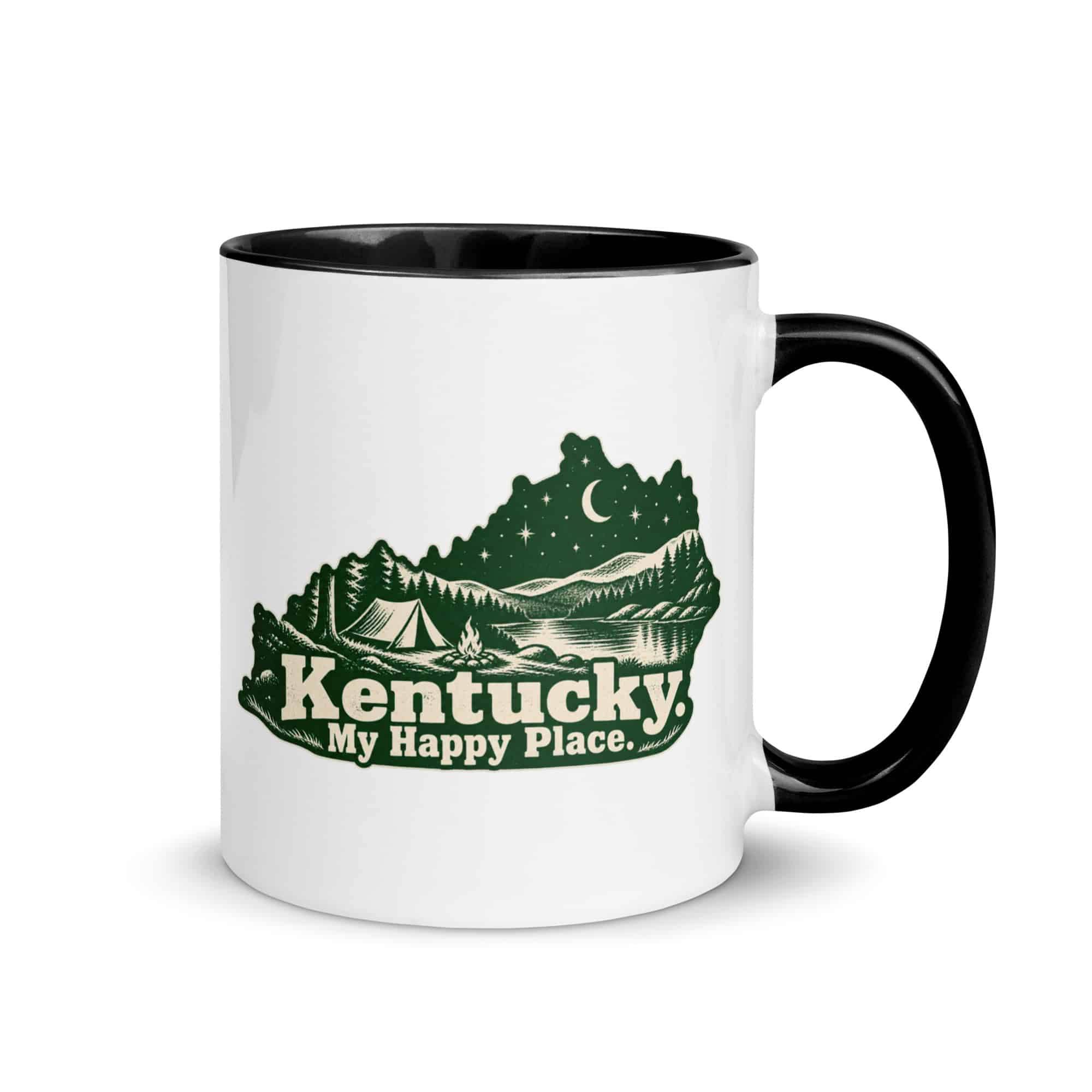 Kentucky Color Inside Coffee Mug: Campsite beneath a starry sky, Woodcut Kentucky Silhouette