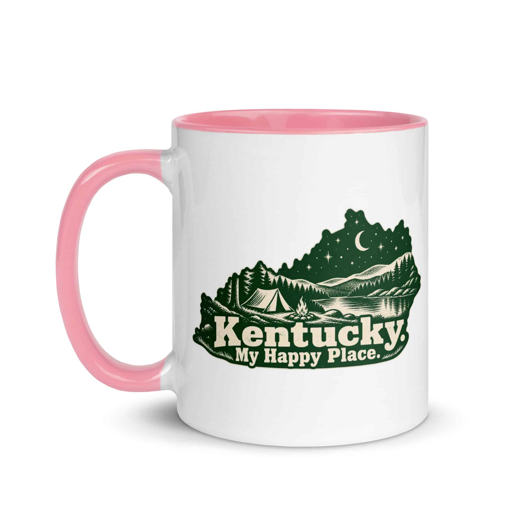 Kentucky Color Inside Coffee Mug: Campsite beneath a starry sky, Woodcut Kentucky Silhouette