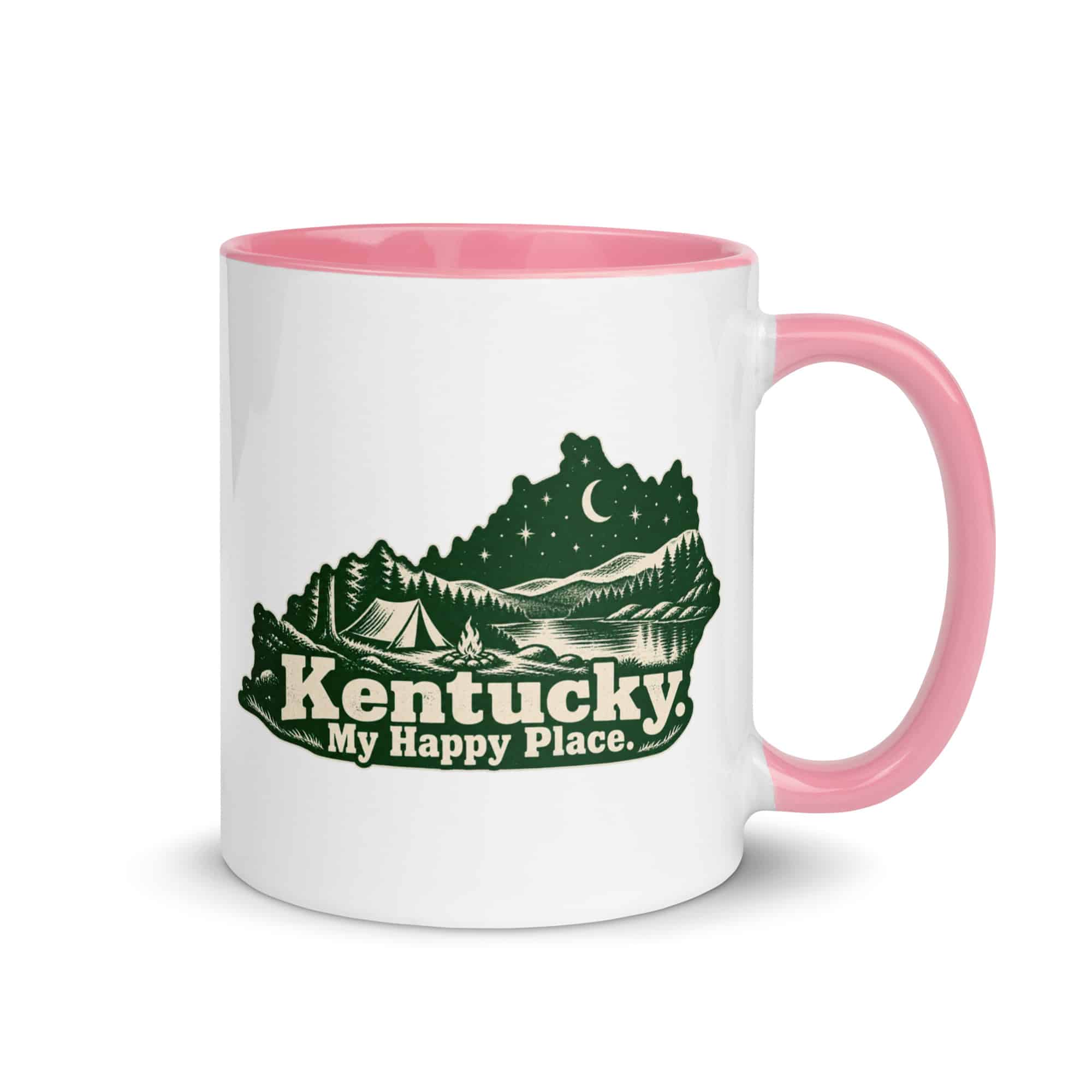 Kentucky Color Inside Coffee Mug: Campsite beneath a starry sky, Woodcut Kentucky Silhouette