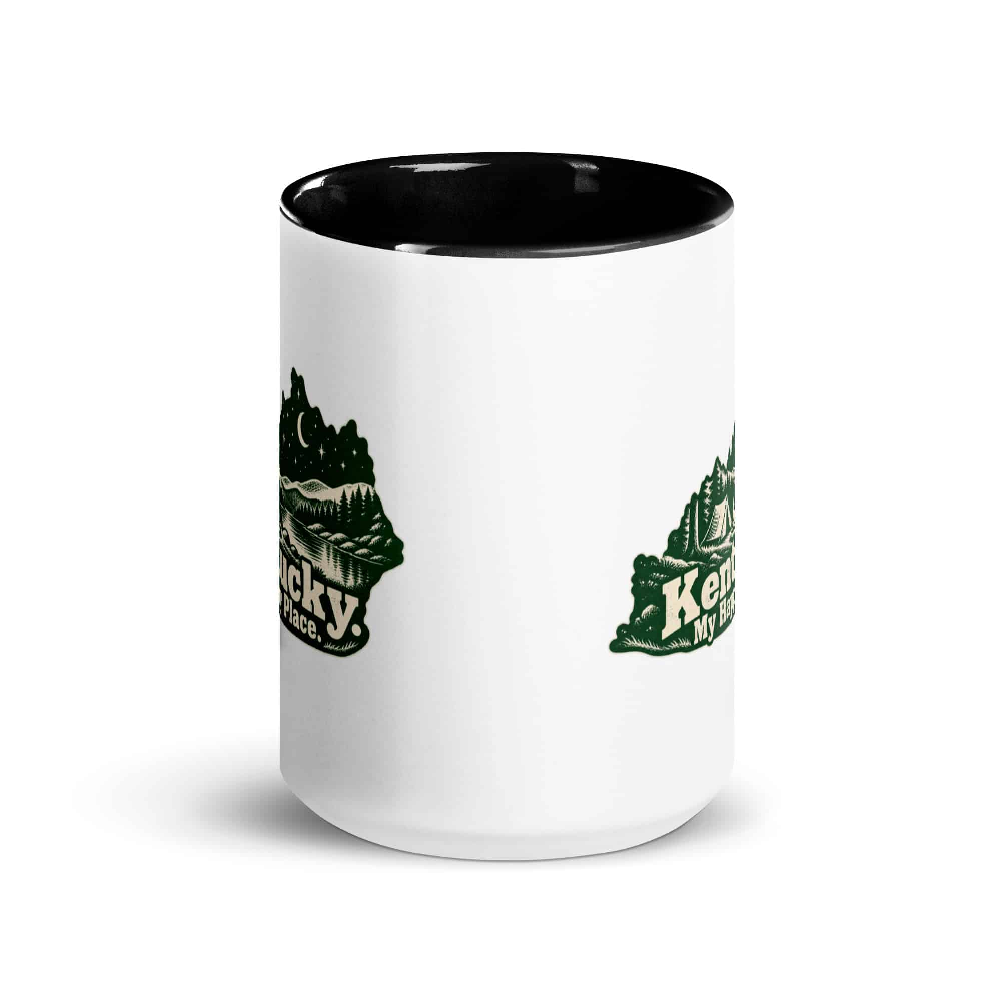 Kentucky Color Inside Coffee Mug: Campsite beneath a starry sky, Woodcut Kentucky Silhouette