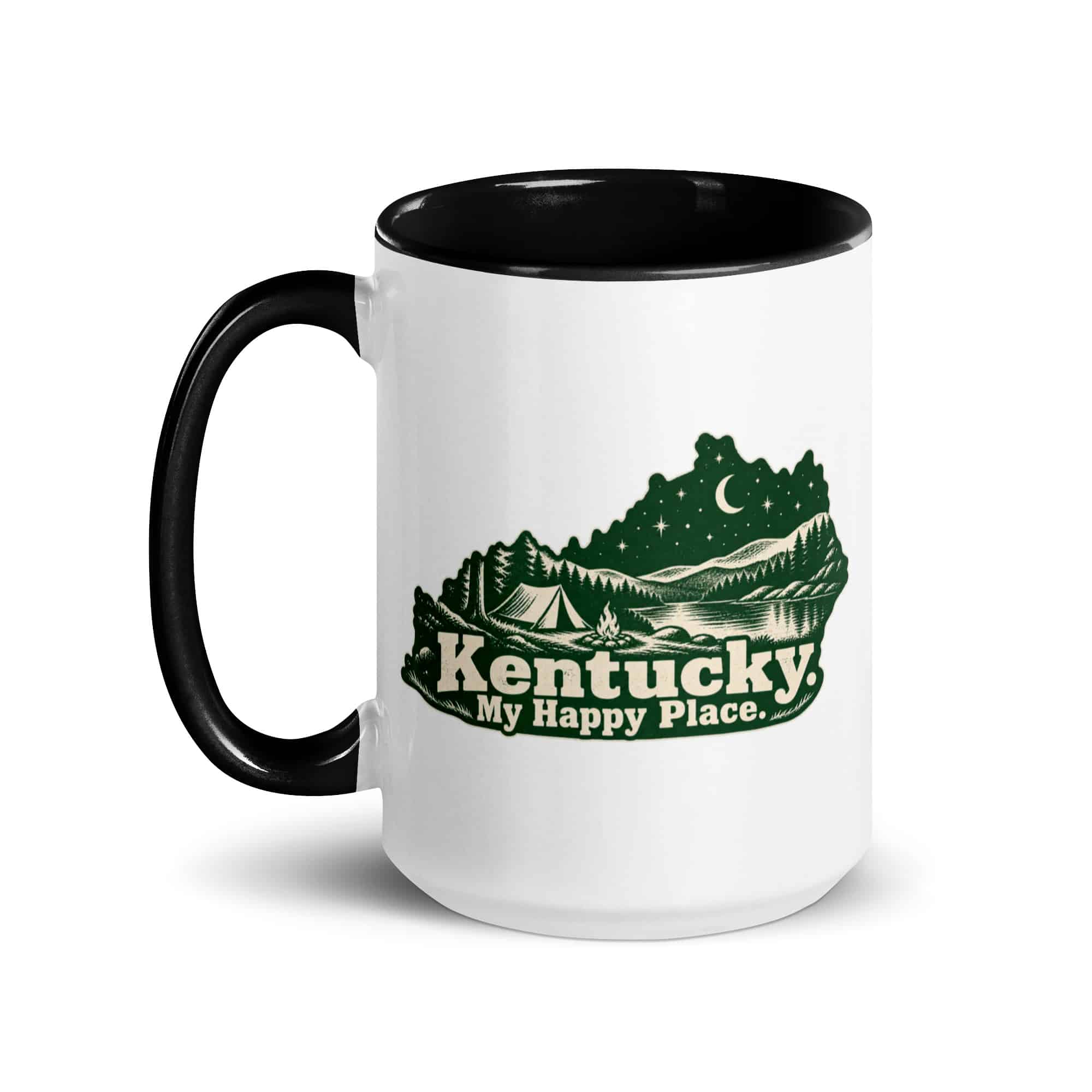 Kentucky Color Inside Coffee Mug: Campsite beneath a starry sky, Woodcut Kentucky Silhouette