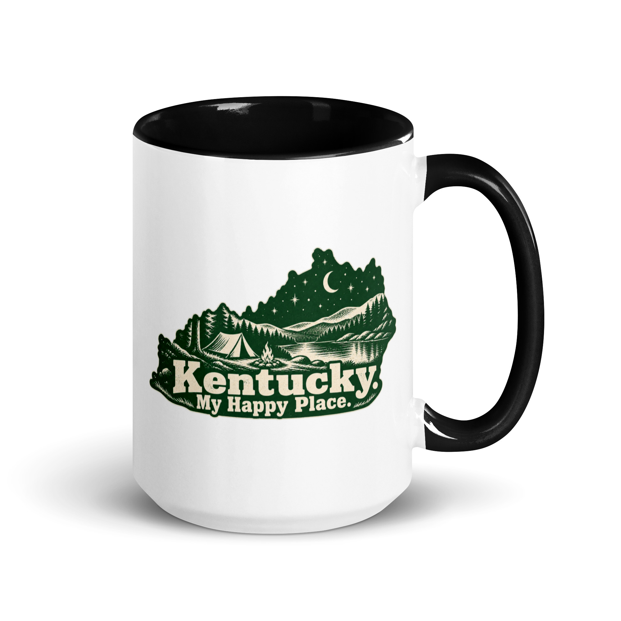 Kentucky Color Inside Coffee Mug: Campsite beneath a starry sky, Woodcut Kentucky Silhouette