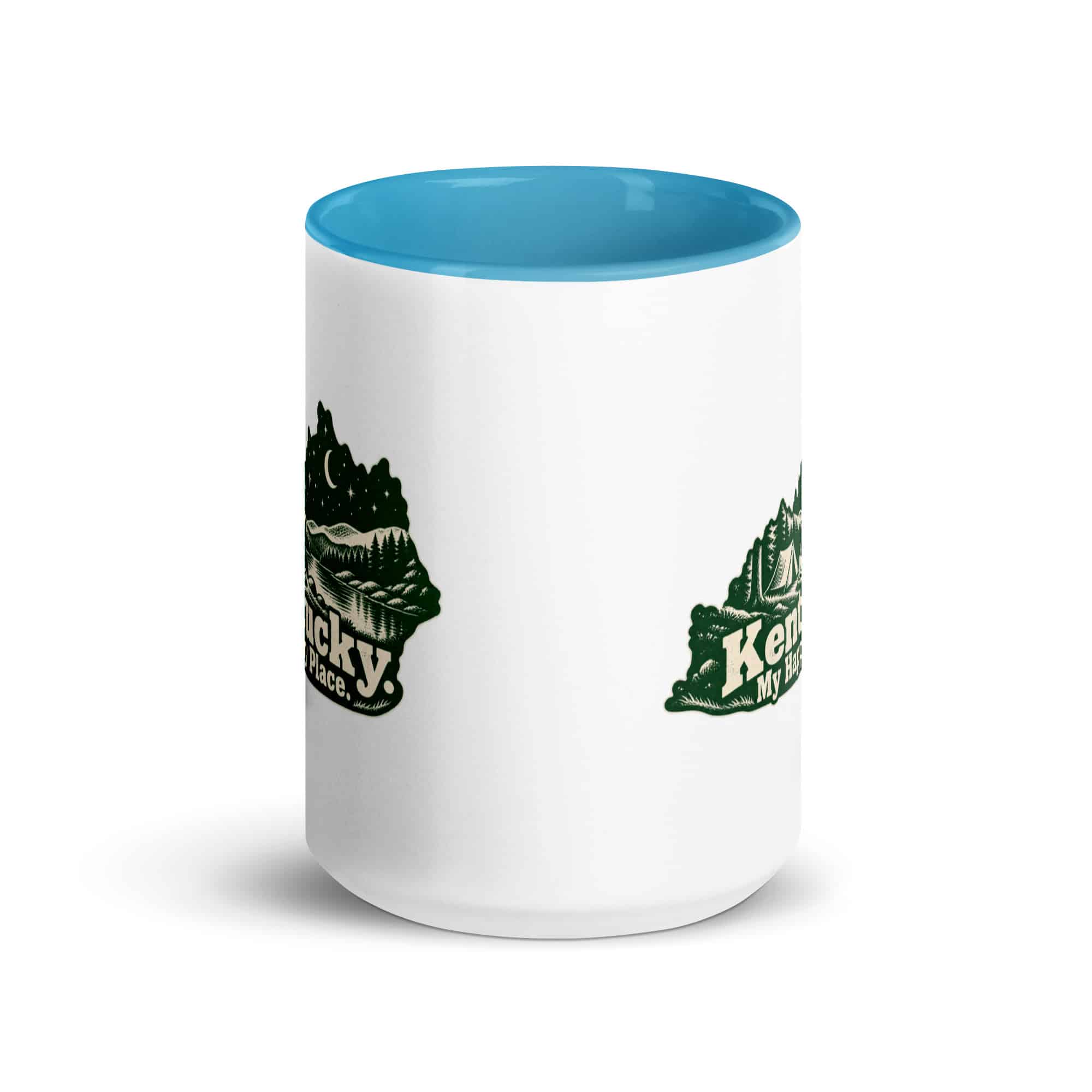 Kentucky Color Inside Coffee Mug: Campsite beneath a starry sky, Woodcut Kentucky Silhouette
