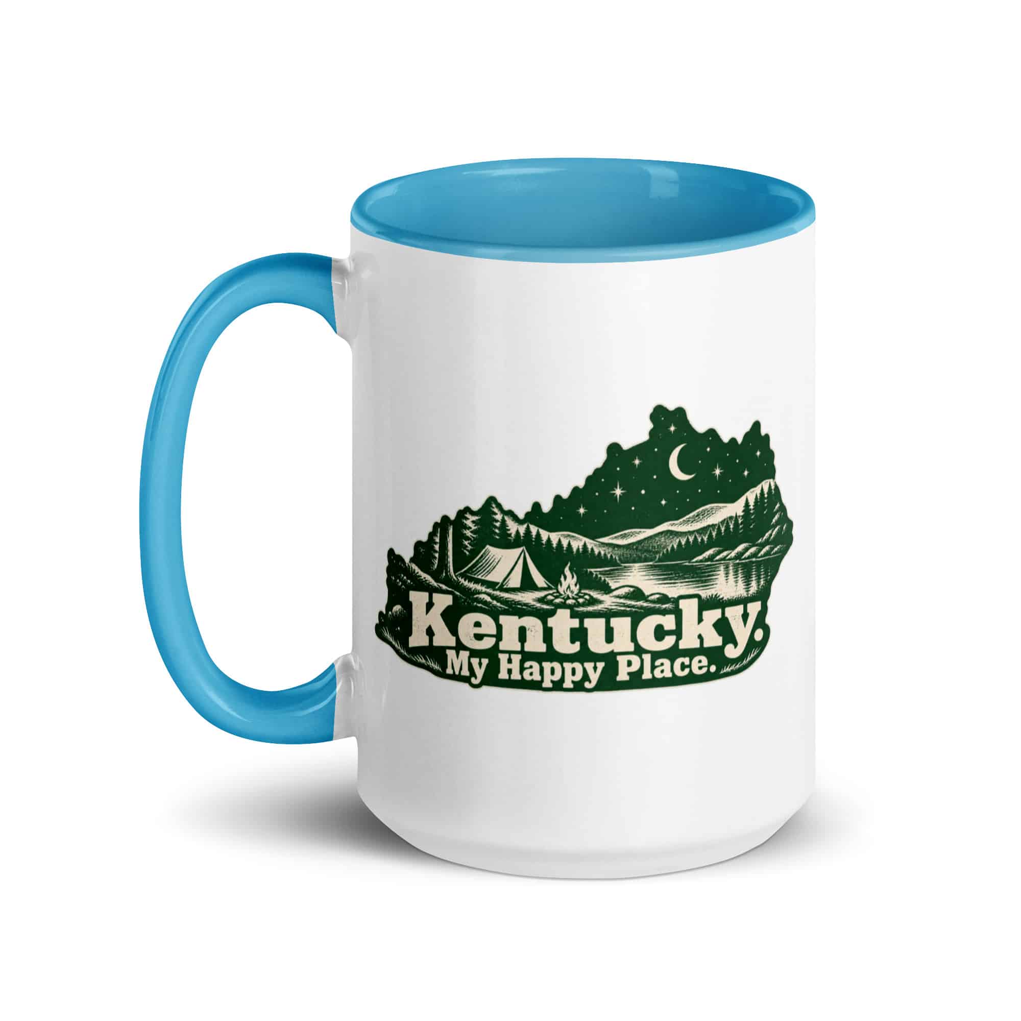 Kentucky Color Inside Coffee Mug: Campsite beneath a starry sky, Woodcut Kentucky Silhouette