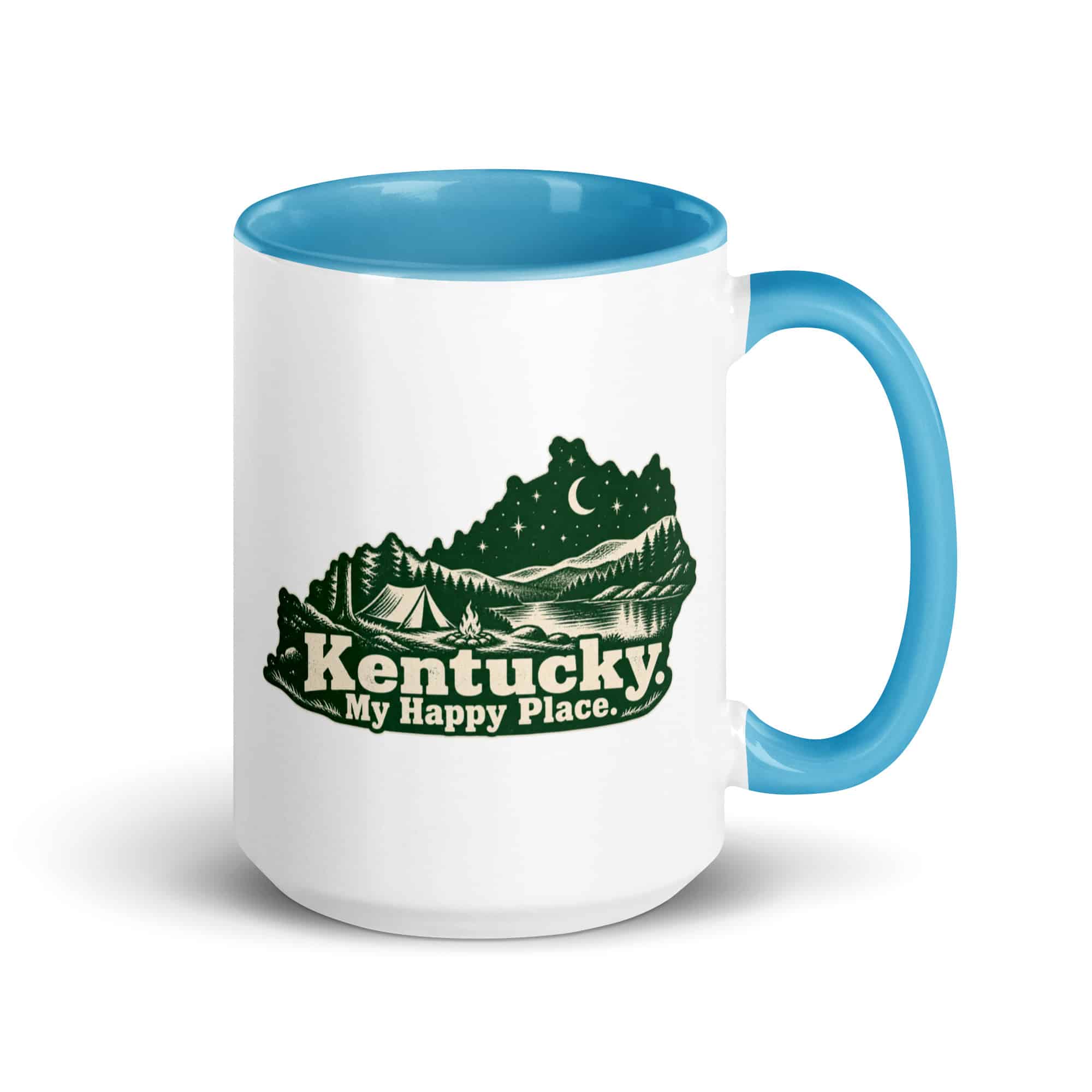 Kentucky Color Inside Coffee Mug: Campsite beneath a starry sky, Woodcut Kentucky Silhouette