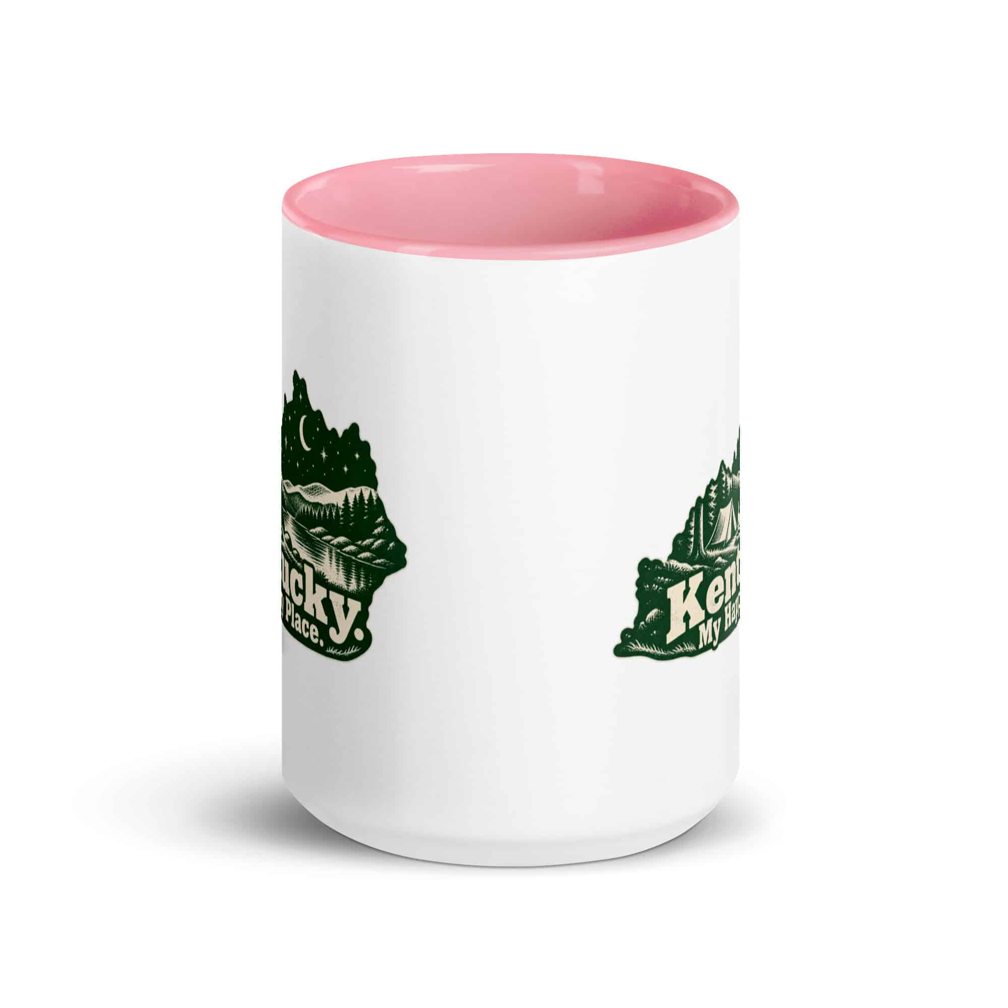 Kentucky Color Inside Coffee Mug: Campsite beneath a starry sky, Woodcut Kentucky Silhouette