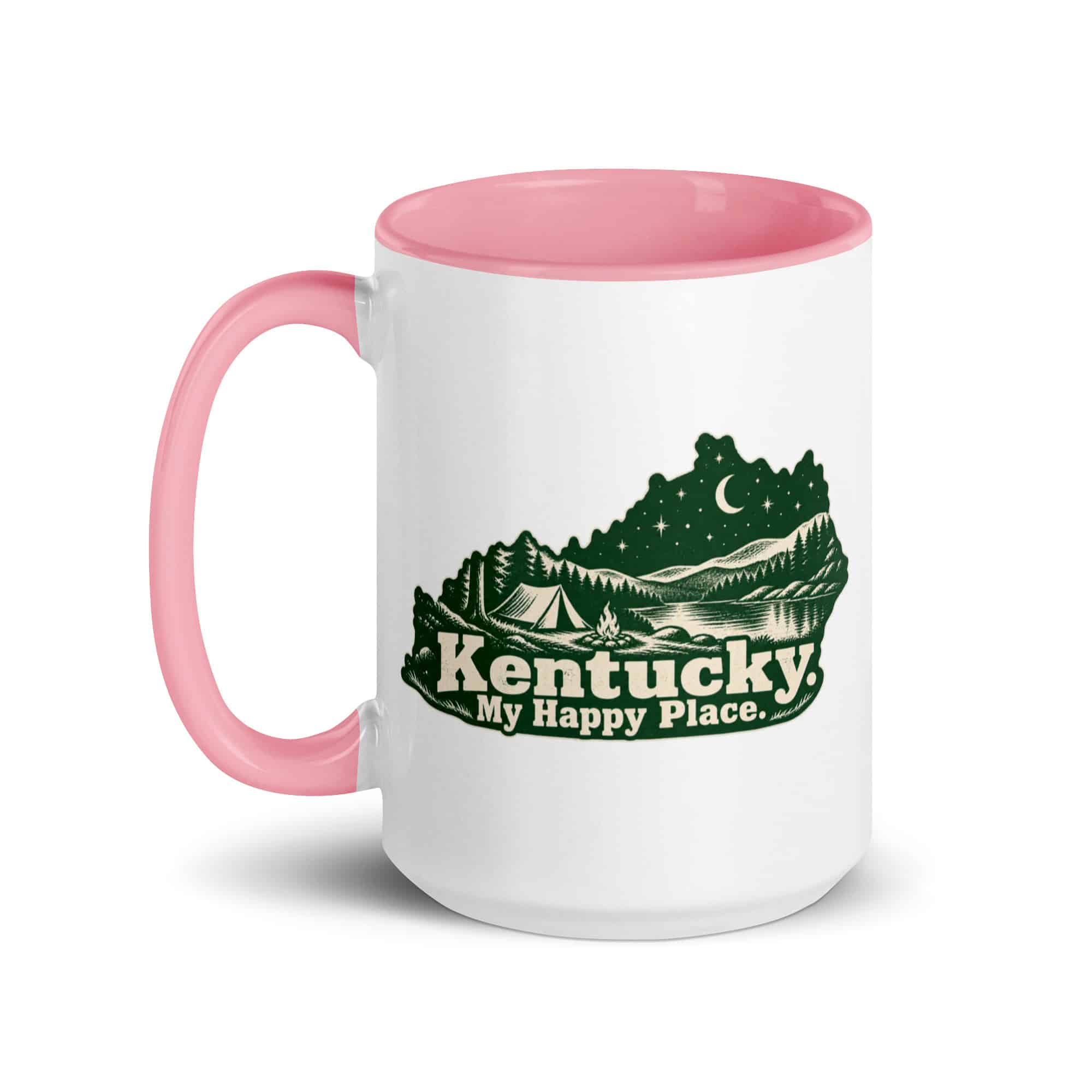 Kentucky Color Inside Coffee Mug: Campsite beneath a starry sky, Woodcut Kentucky Silhouette
