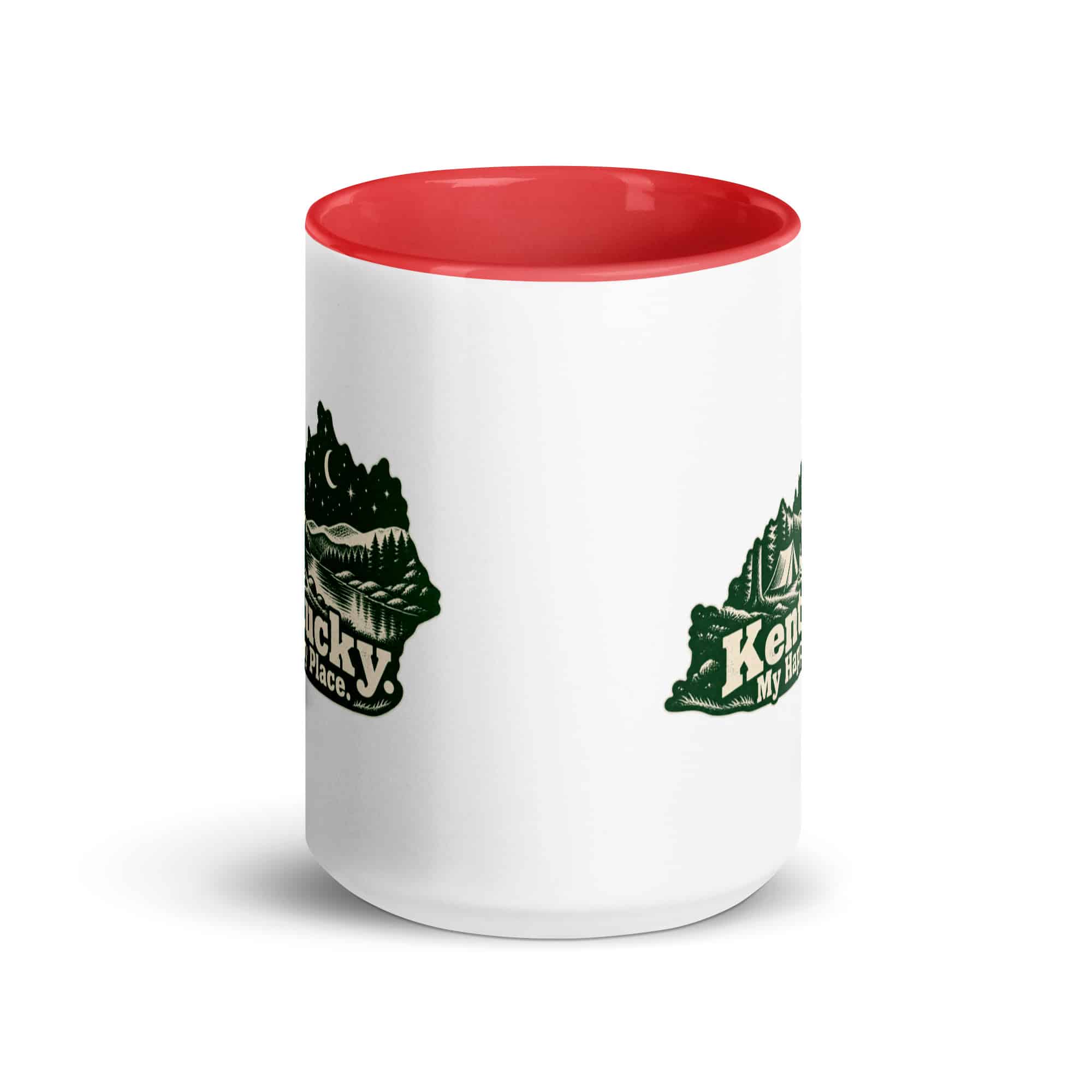 Kentucky Color Inside Coffee Mug: Campsite beneath a starry sky, Woodcut Kentucky Silhouette