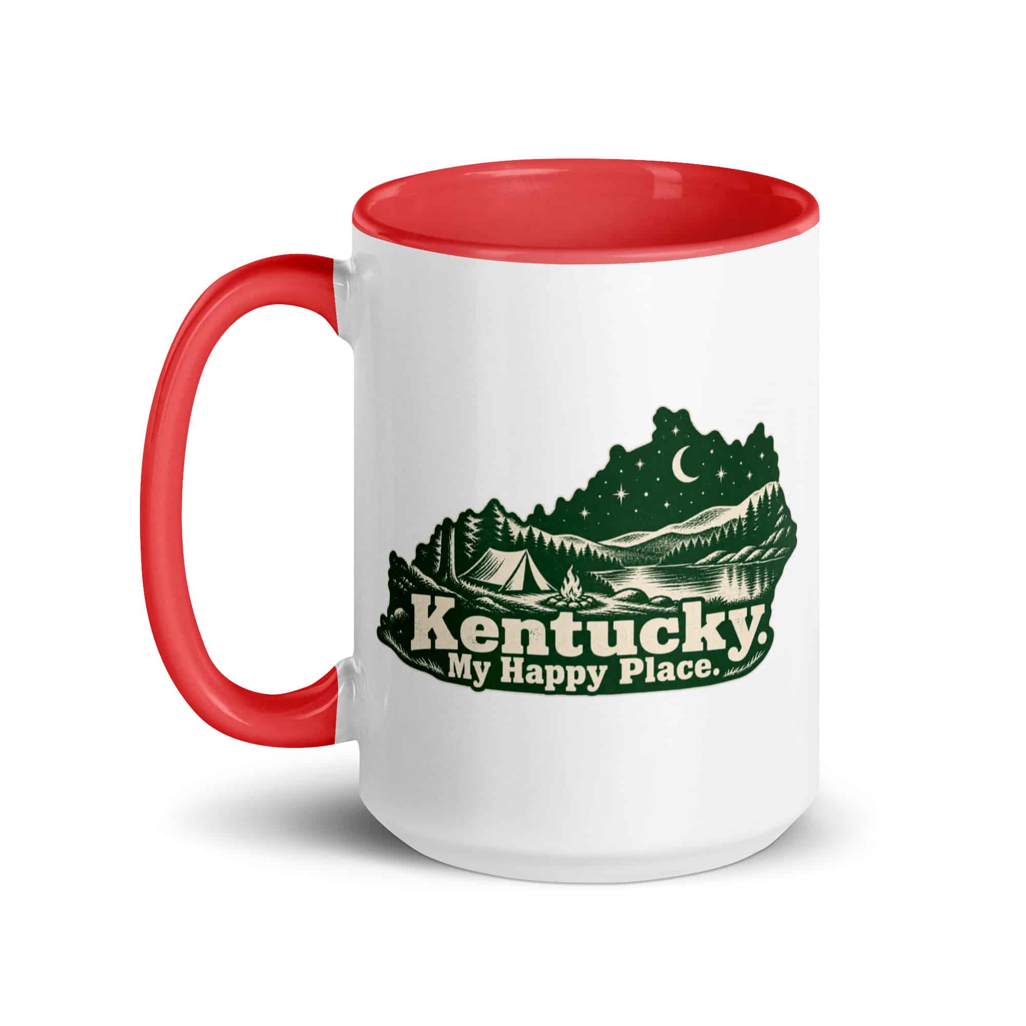 Kentucky Color Inside Coffee Mug: Campsite beneath a starry sky, Woodcut Kentucky Silhouette