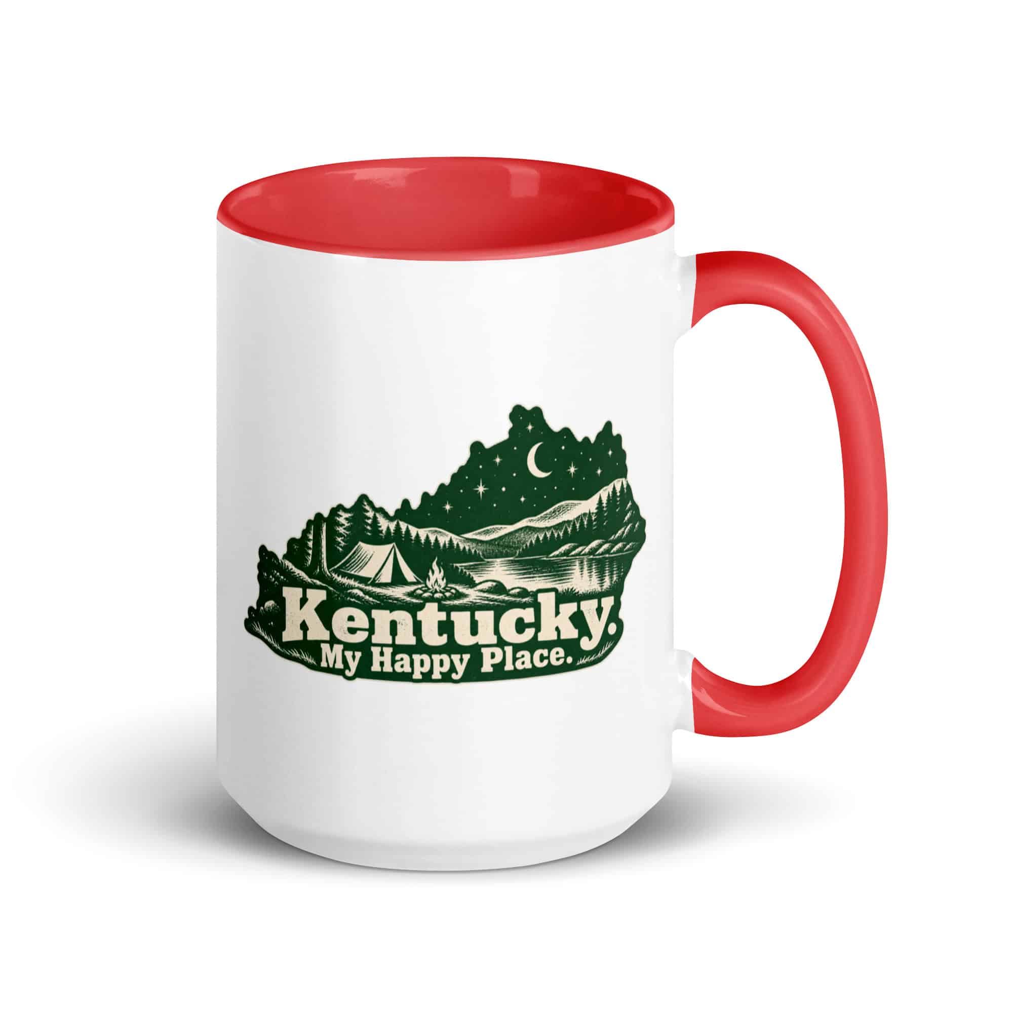 Kentucky Color Inside Coffee Mug: Campsite beneath a starry sky, Woodcut Kentucky Silhouette