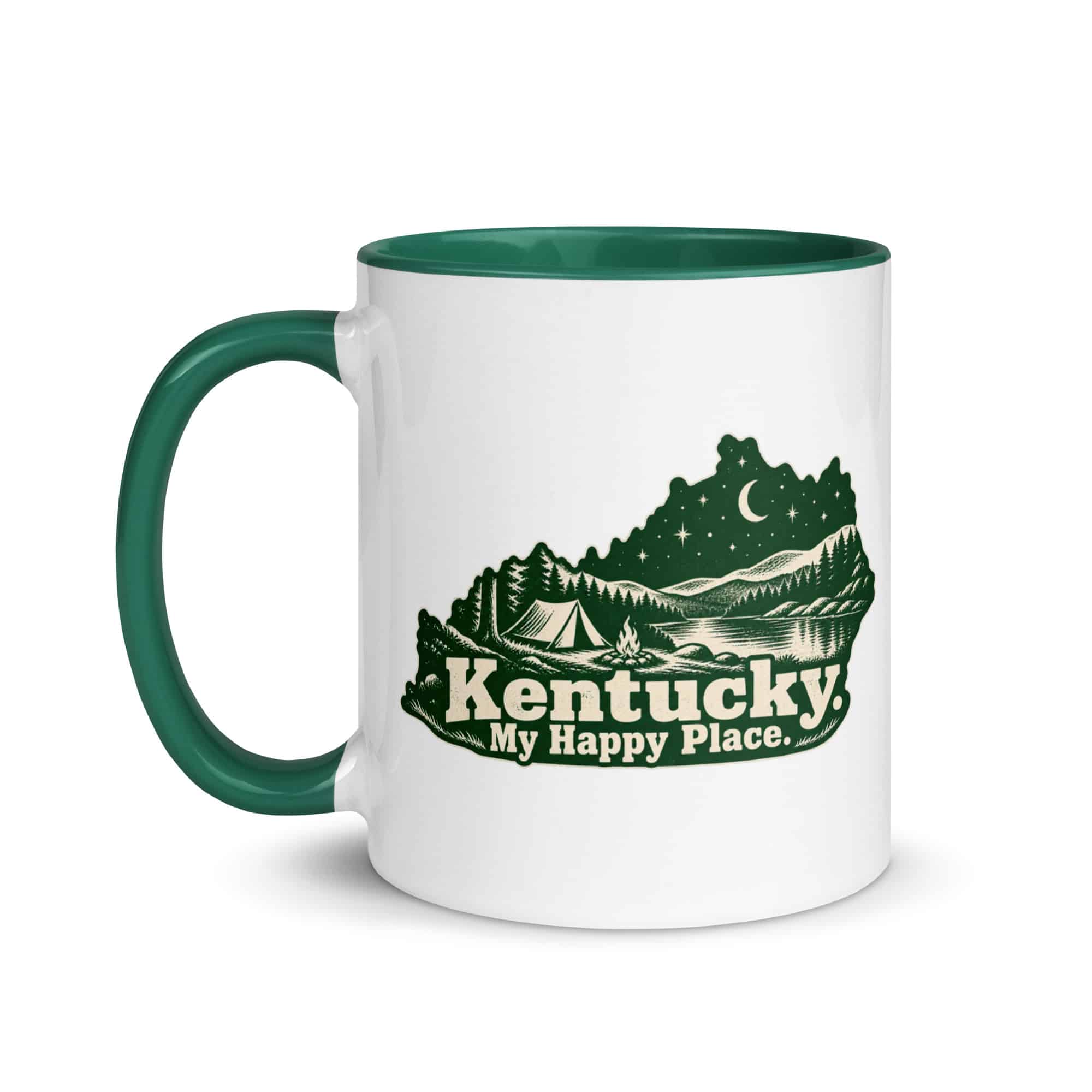 Kentucky Color Inside Coffee Mug: Campsite beneath a starry sky, Woodcut Kentucky Silhouette