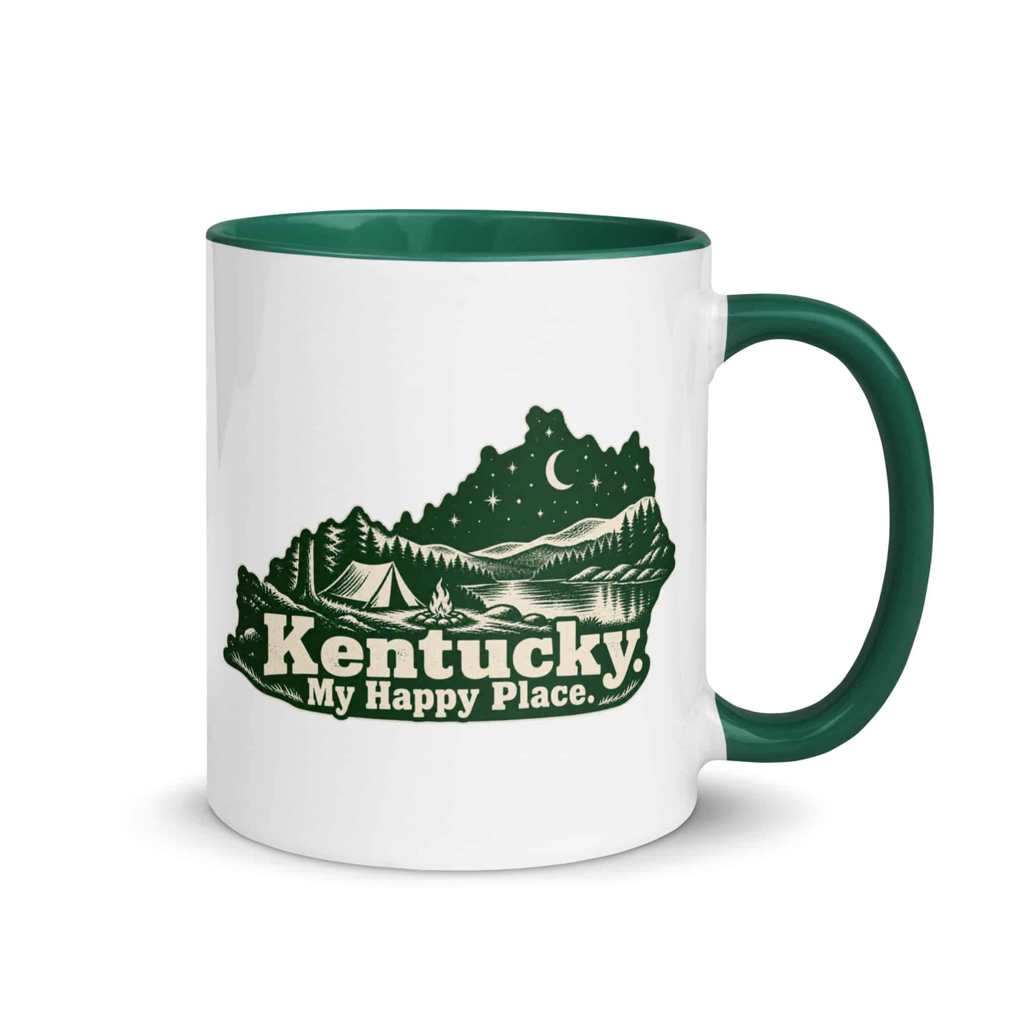 Kentucky Color Inside Coffee Mug: Campsite beneath a starry sky, Woodcut Kentucky Silhouette