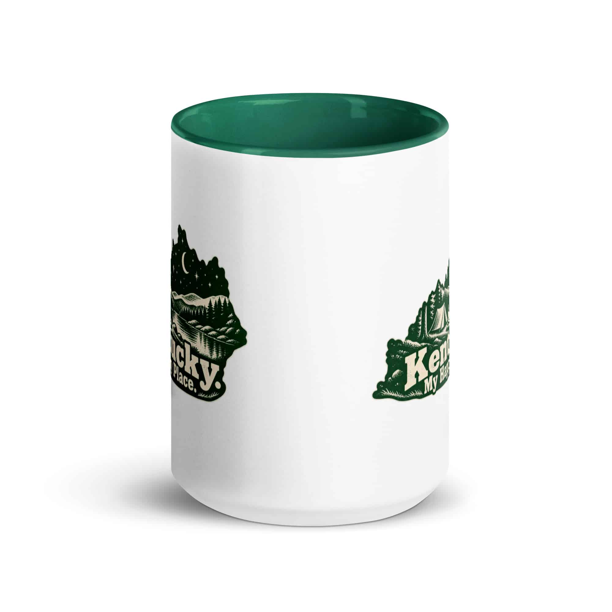 Kentucky Color Inside Coffee Mug: Campsite beneath a starry sky, Woodcut Kentucky Silhouette