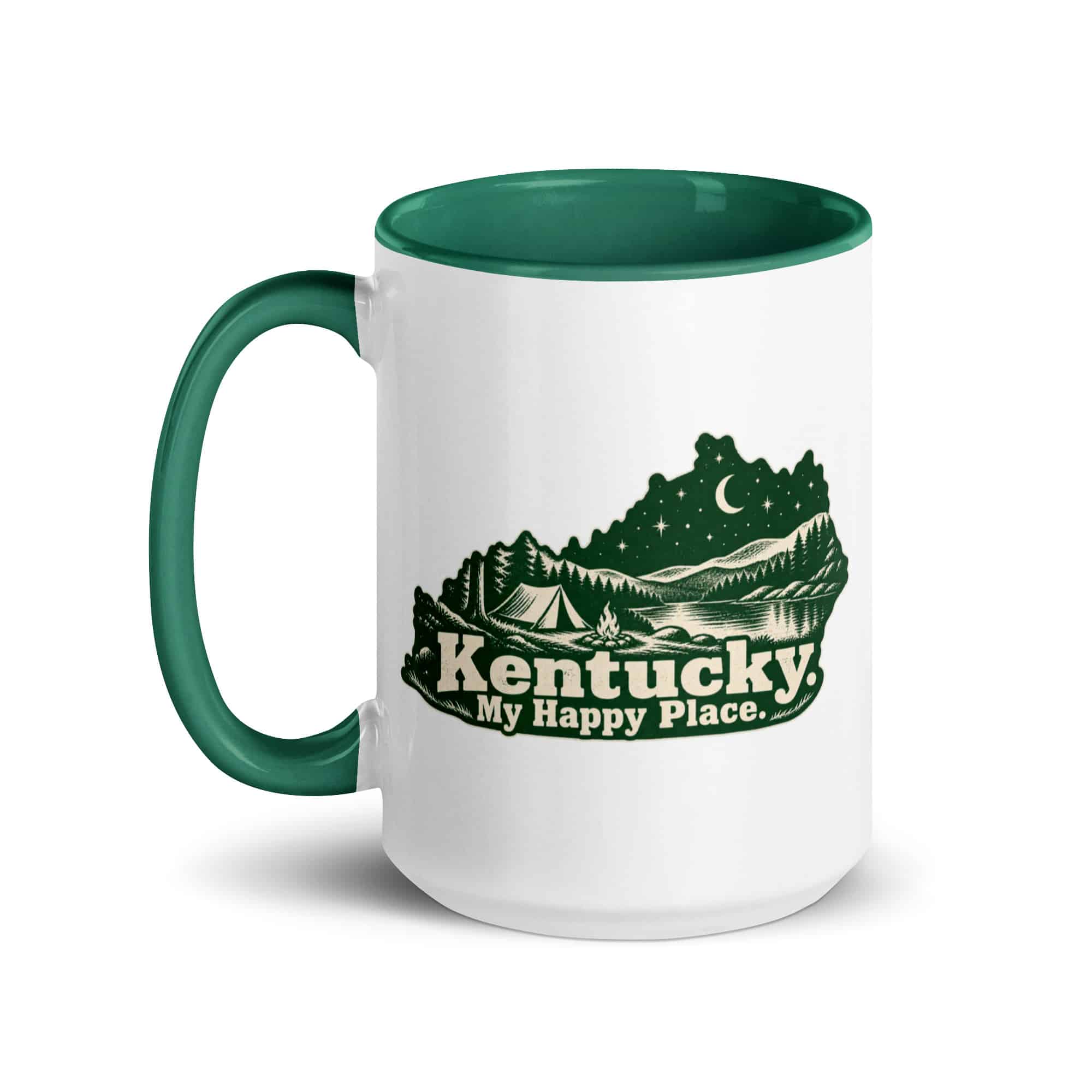 Kentucky Color Inside Coffee Mug: Campsite beneath a starry sky, Woodcut Kentucky Silhouette