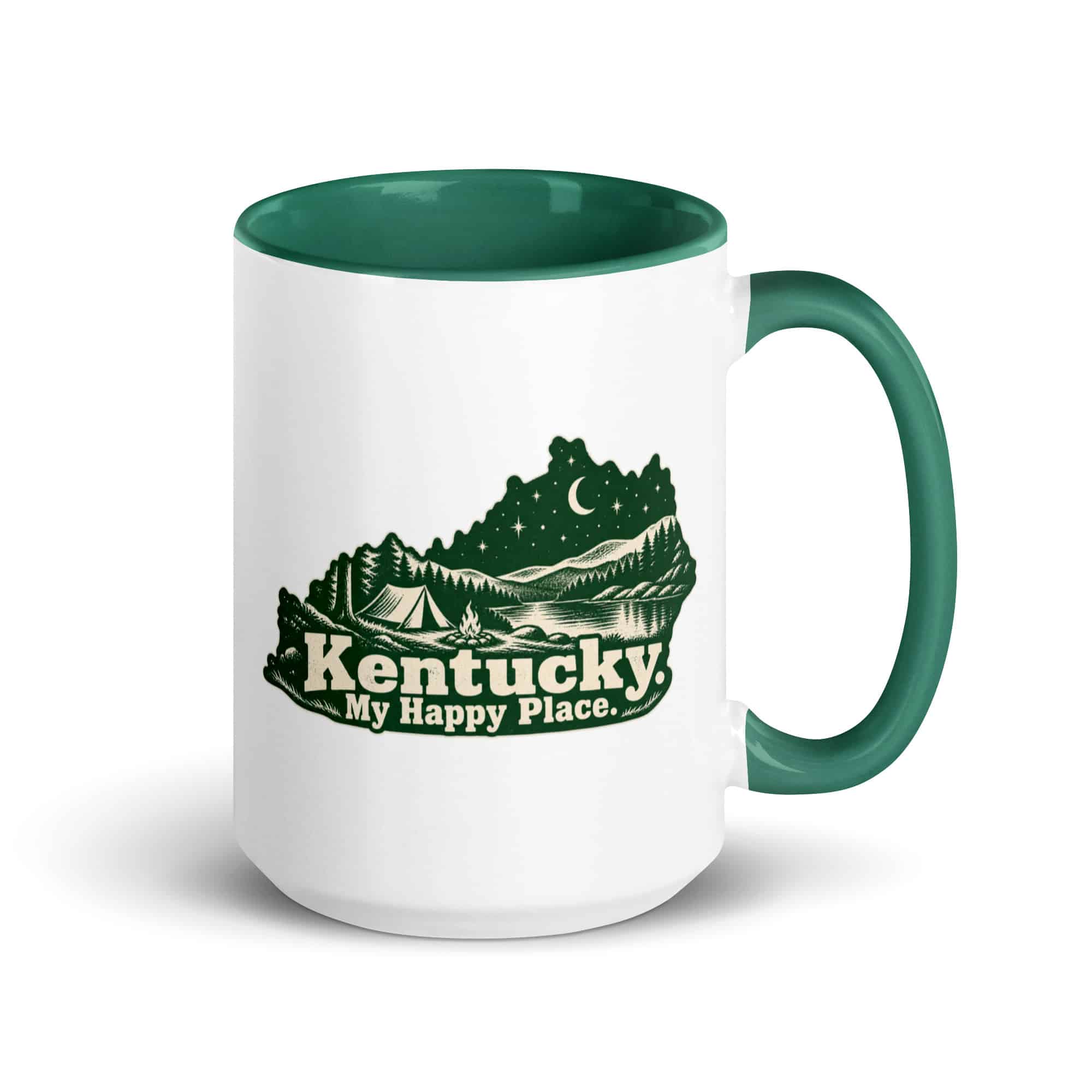 Kentucky Color Inside Coffee Mug: Campsite beneath a starry sky, Woodcut Kentucky Silhouette