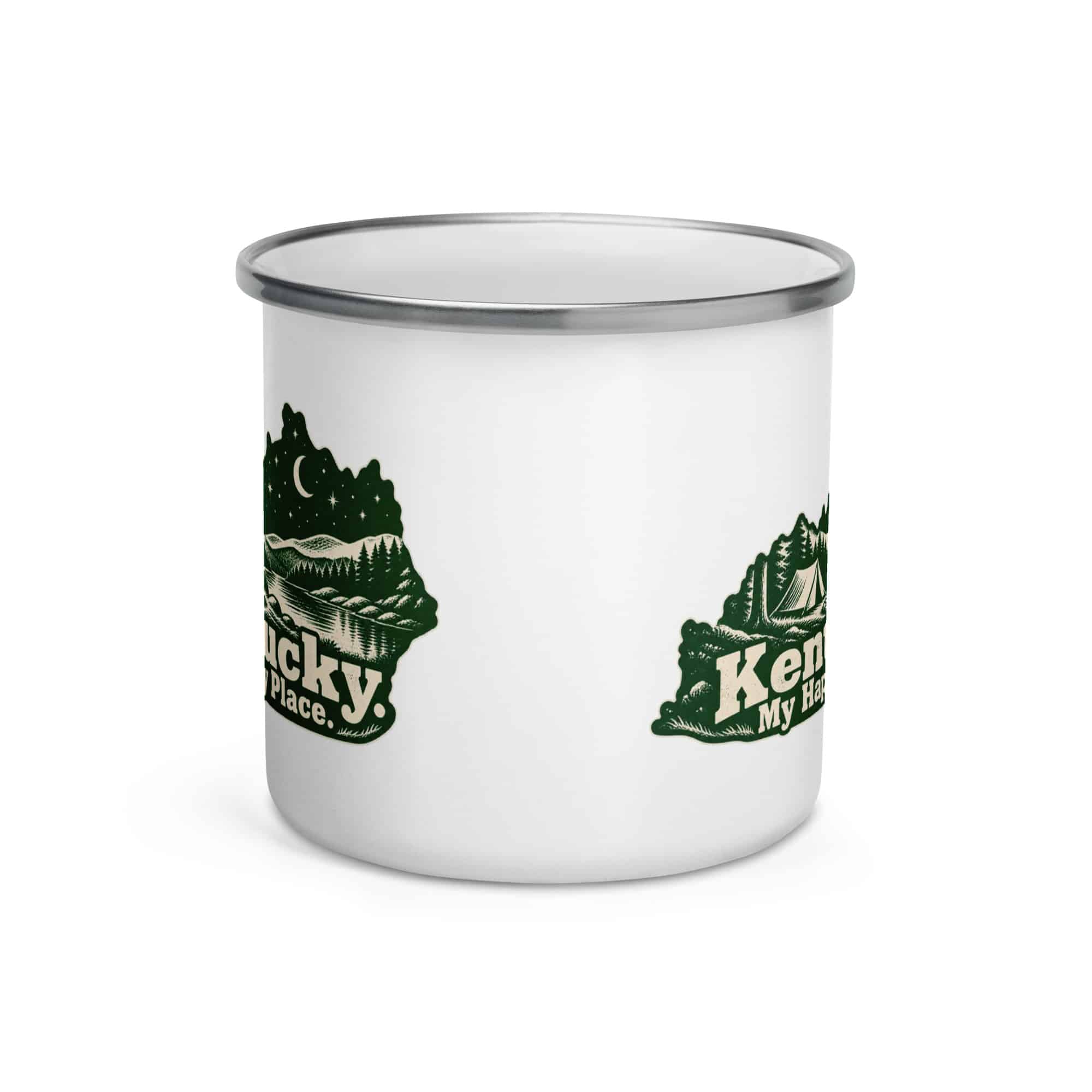 Kentucky Enamel Camp Mug: Campsite beneath a starry sky, Woodcut Kentucky Silhouette