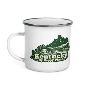 Kentucky Enamel Camp Mug: Campsite beneath a starry sky, Woodcut Kentucky Silhouette - 12 oz - Left