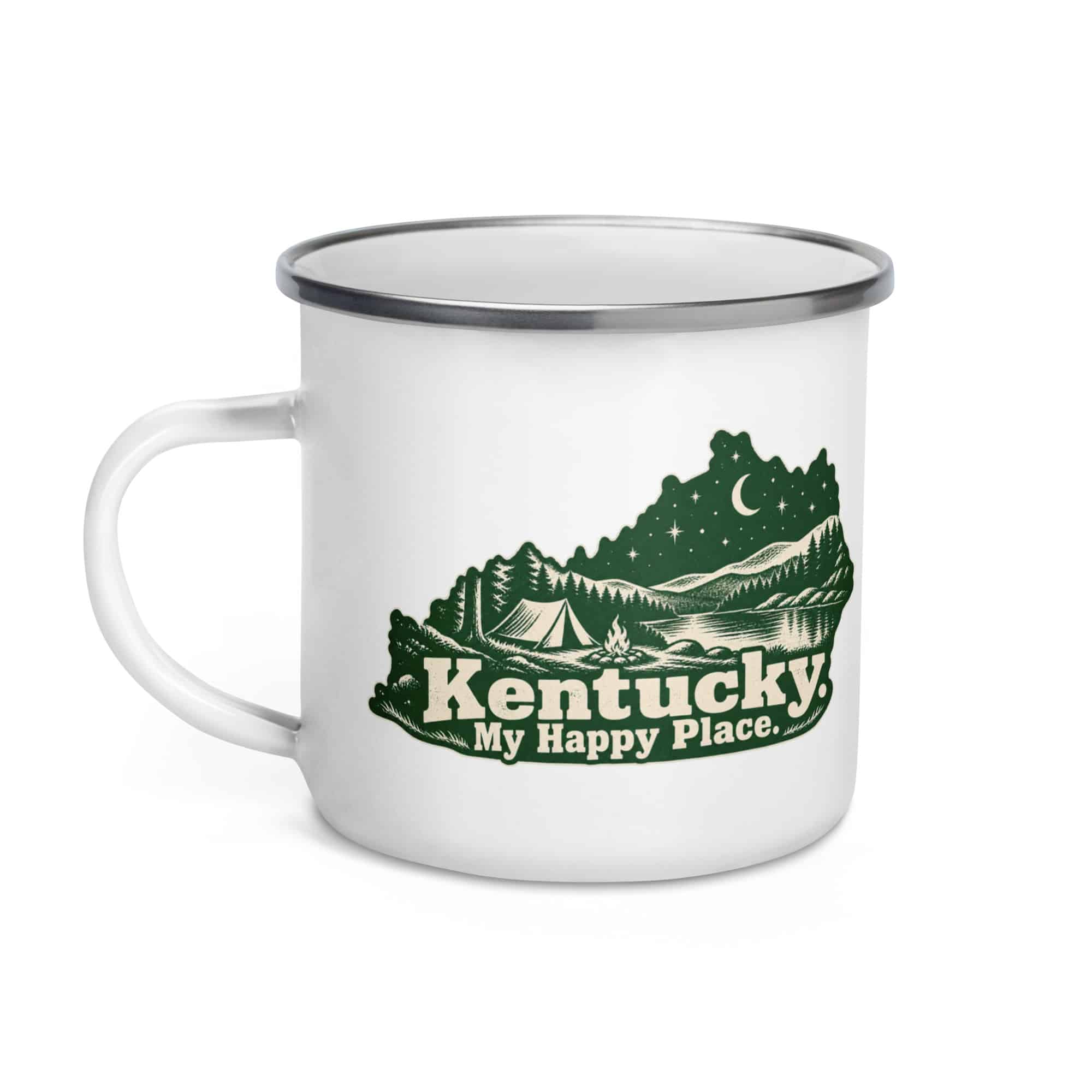 Kentucky Enamel Camp Mug: Campsite beneath a starry sky, Woodcut Kentucky Silhouette