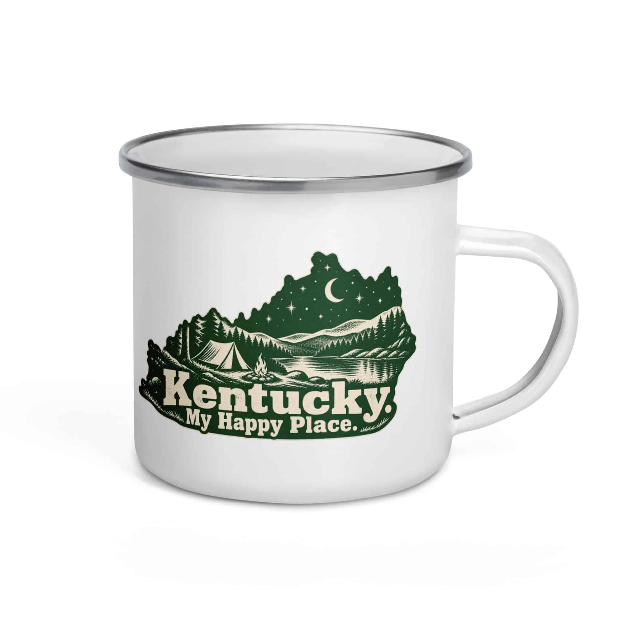 Kentucky Enamel Camp Mug: Campsite beneath a starry sky, Woodcut Kentucky Silhouette
