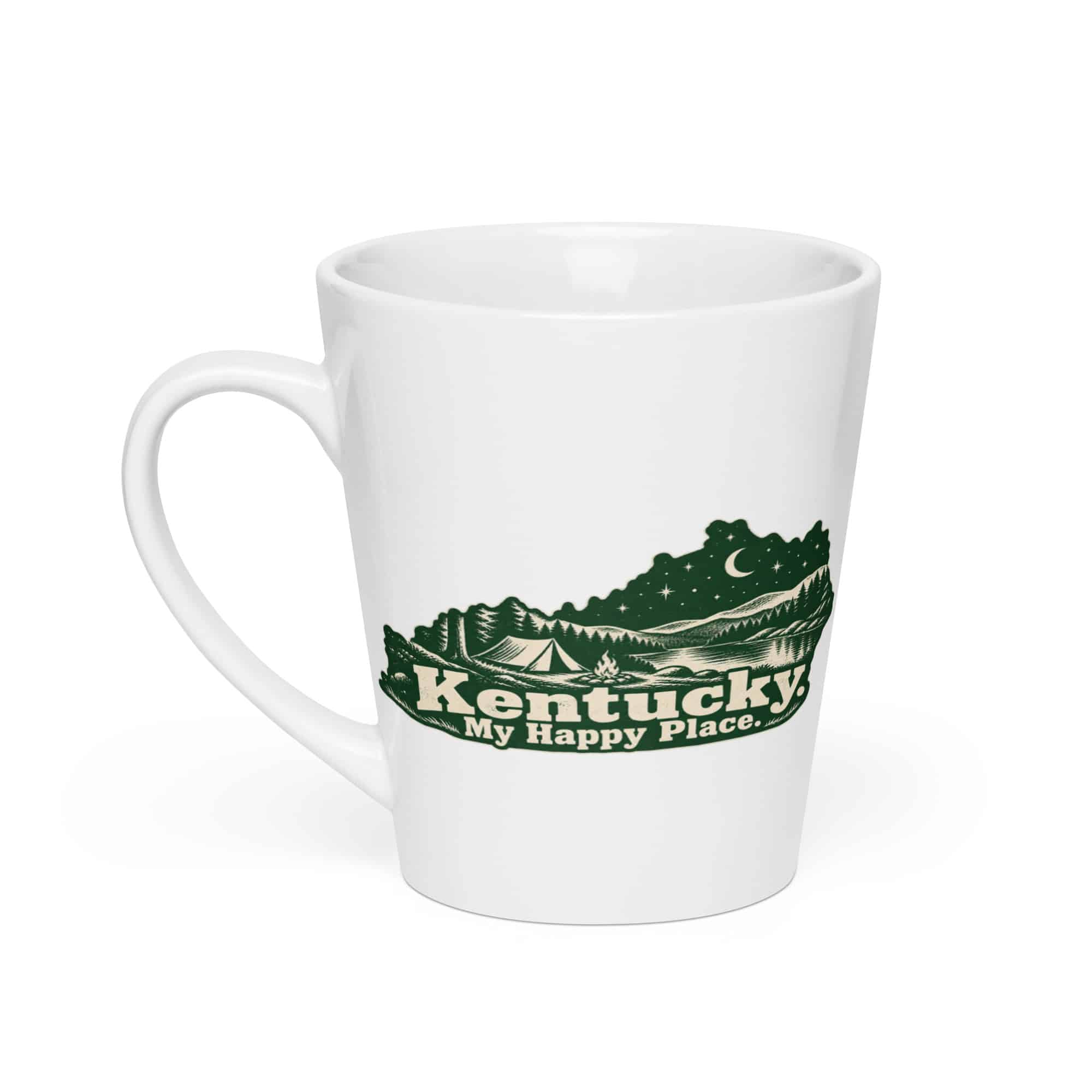 Kentucky Latte Mug: Campsite beneath a starry sky, Woodcut Kentucky Silhouette