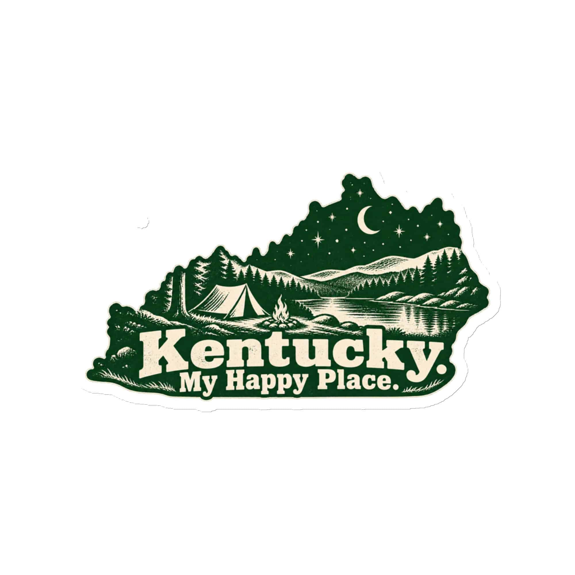 Kentucky Die-Cut Magnet: Campsite beneath a starry sky, Woodcut Kentucky Silhouette
