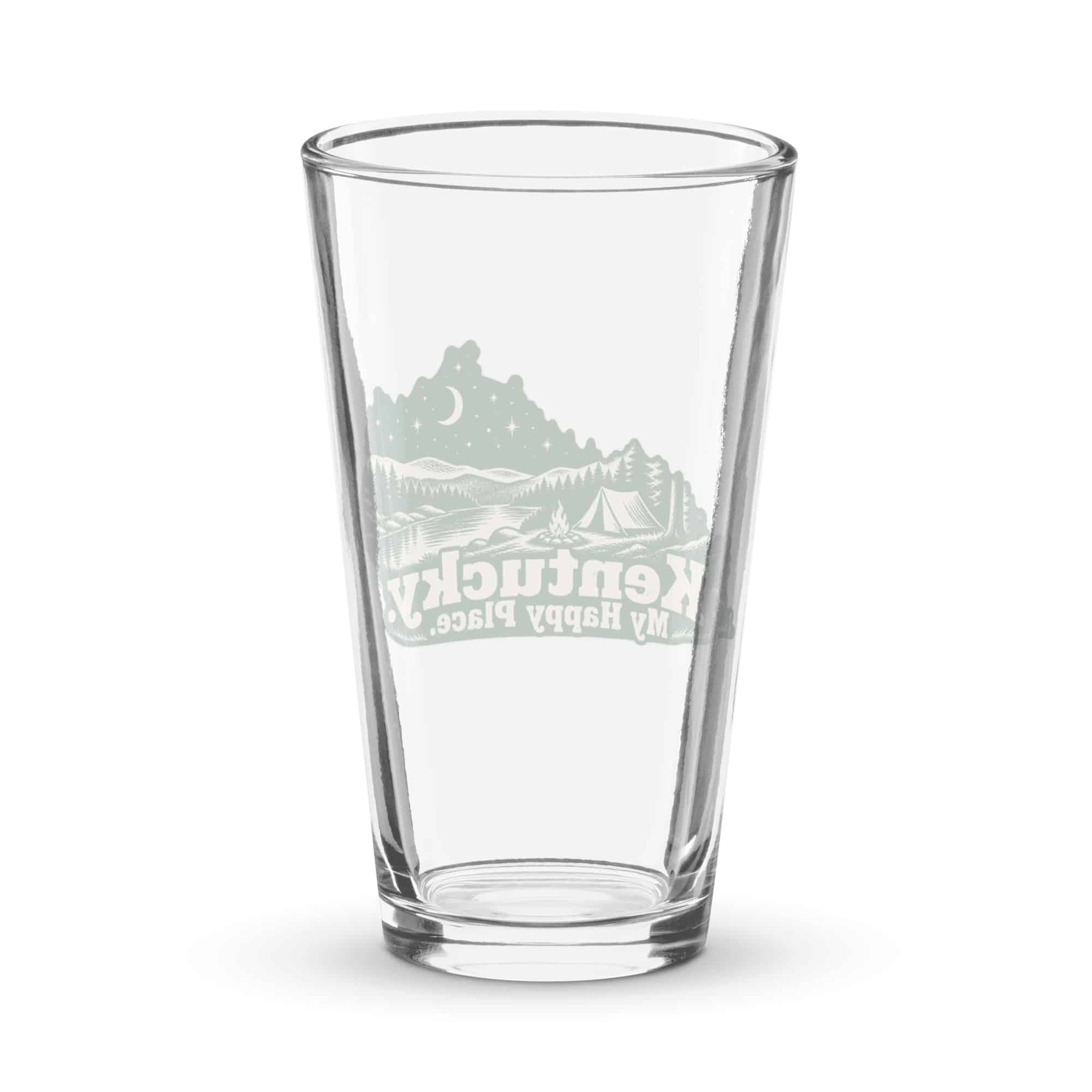 Kentucky Pint Glass: Campsite beneath a starry sky, Woodcut Kentucky Silhouette