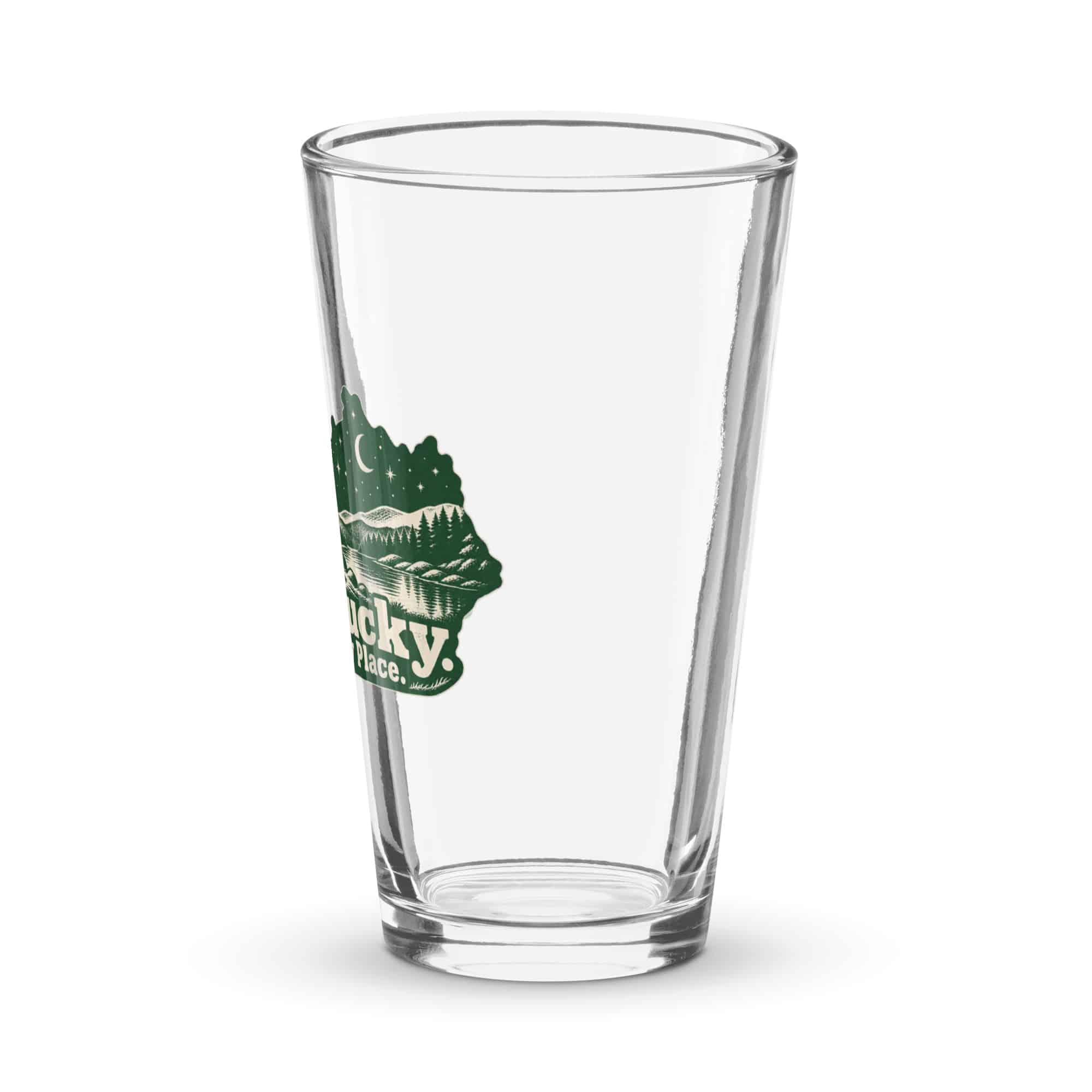 Kentucky Pint Glass: Campsite beneath a starry sky, Woodcut Kentucky Silhouette