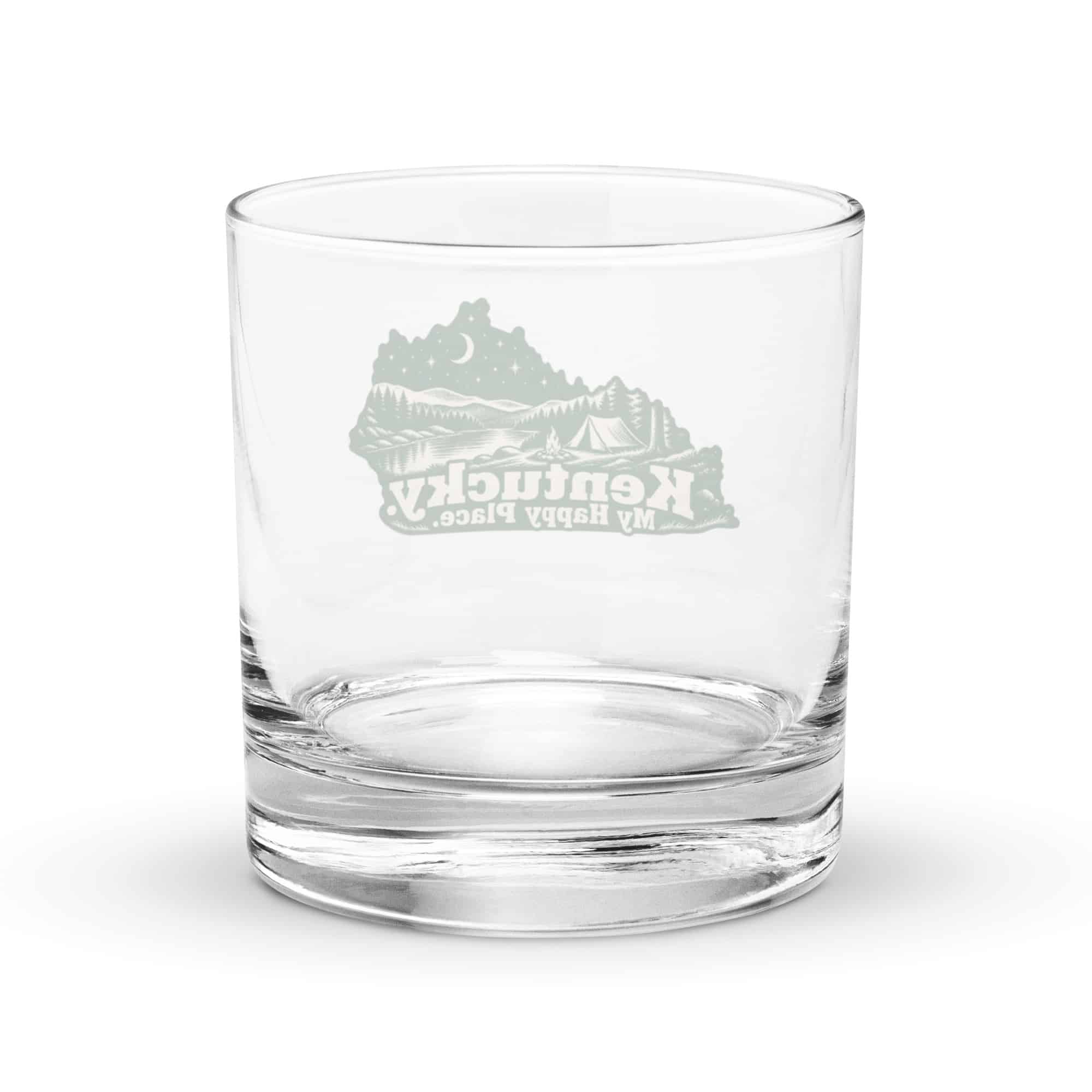 Kentucky Rocks Glass: Campsite beneath a starry sky, Woodcut Kentucky Silhouette