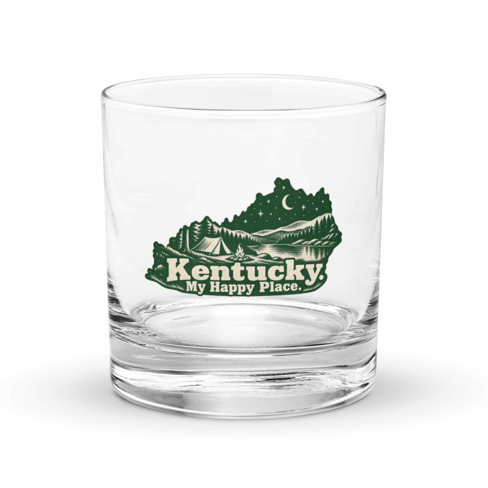 Kentucky Rocks Glass: Campsite beneath a starry sky, Woodcut Kentucky Silhouette